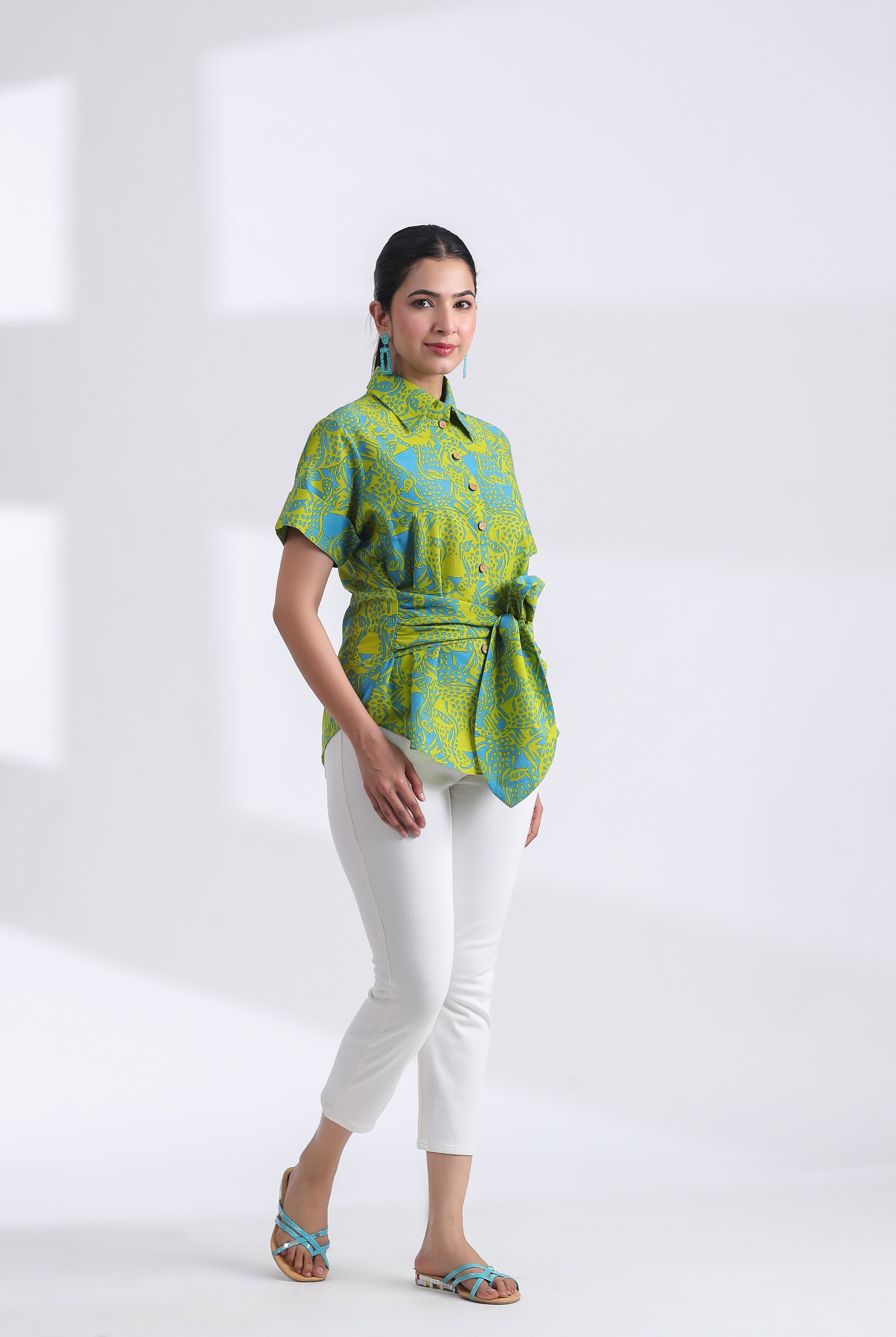 Tiger Print on Blue Lime Cotton Half Sleeve Shirt | Jaipurrang | Hand Block Print Ethnic Wear