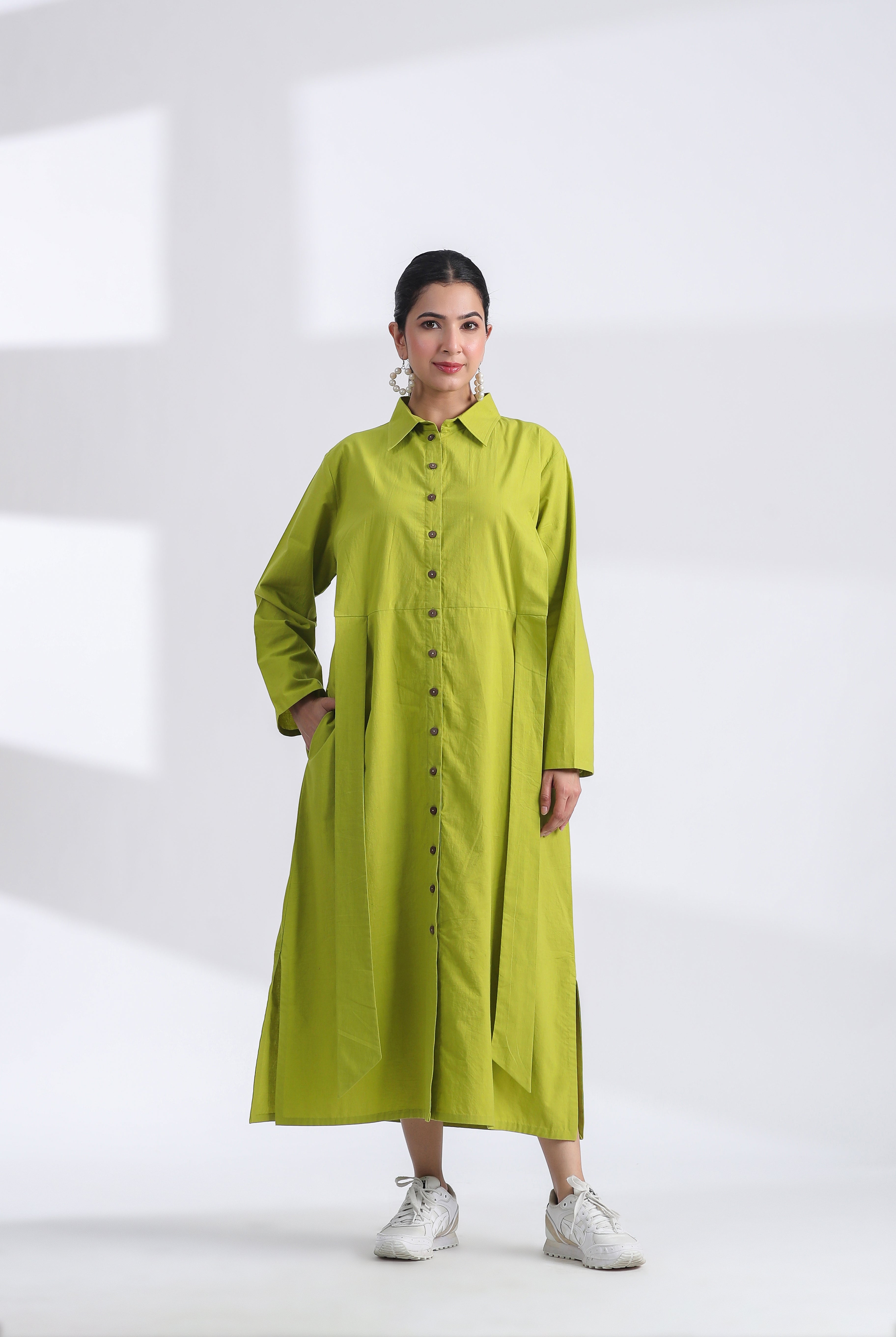 Solid on Lime Green Cotton Belted Shirt Dress | Jaipurrang | Women's Ethnic Wear