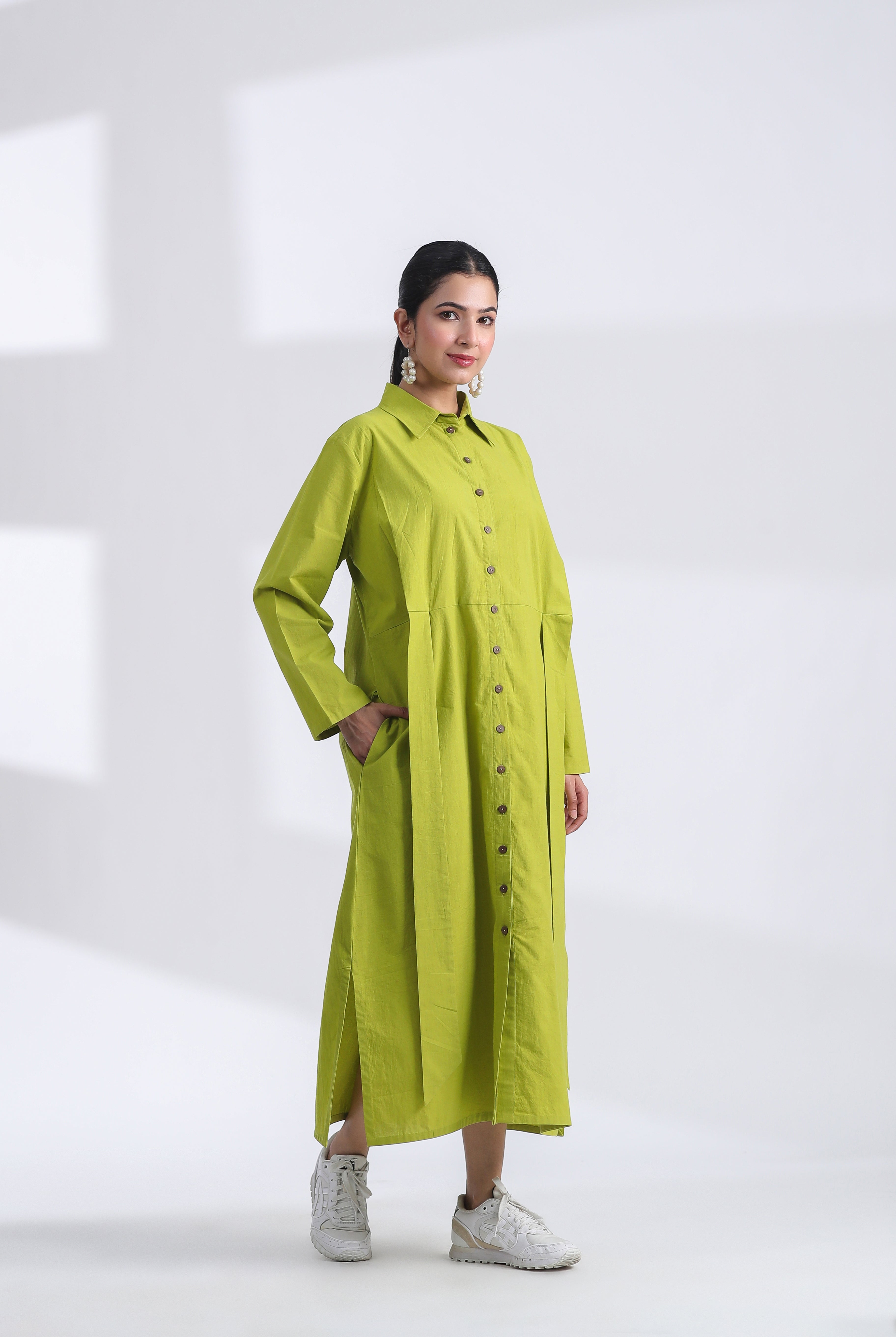 Solid on Lime Green Cotton Belted Shirt Dress | Jaipurrang | Women's Ethnic Wear