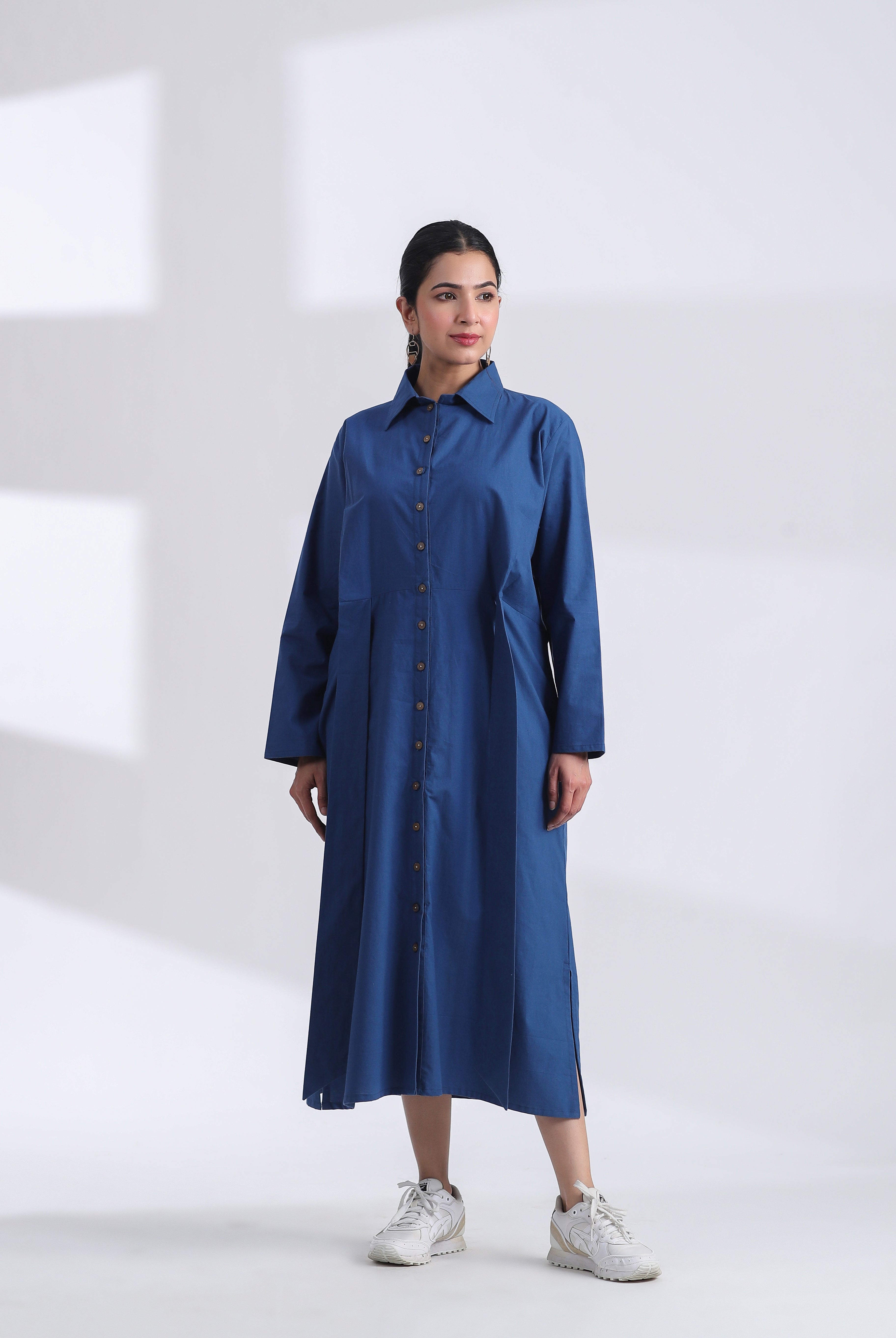 Solid on Indigo Cotton Belted Shirt Dress | Jaipurrang | Women's Ethnic Wear
