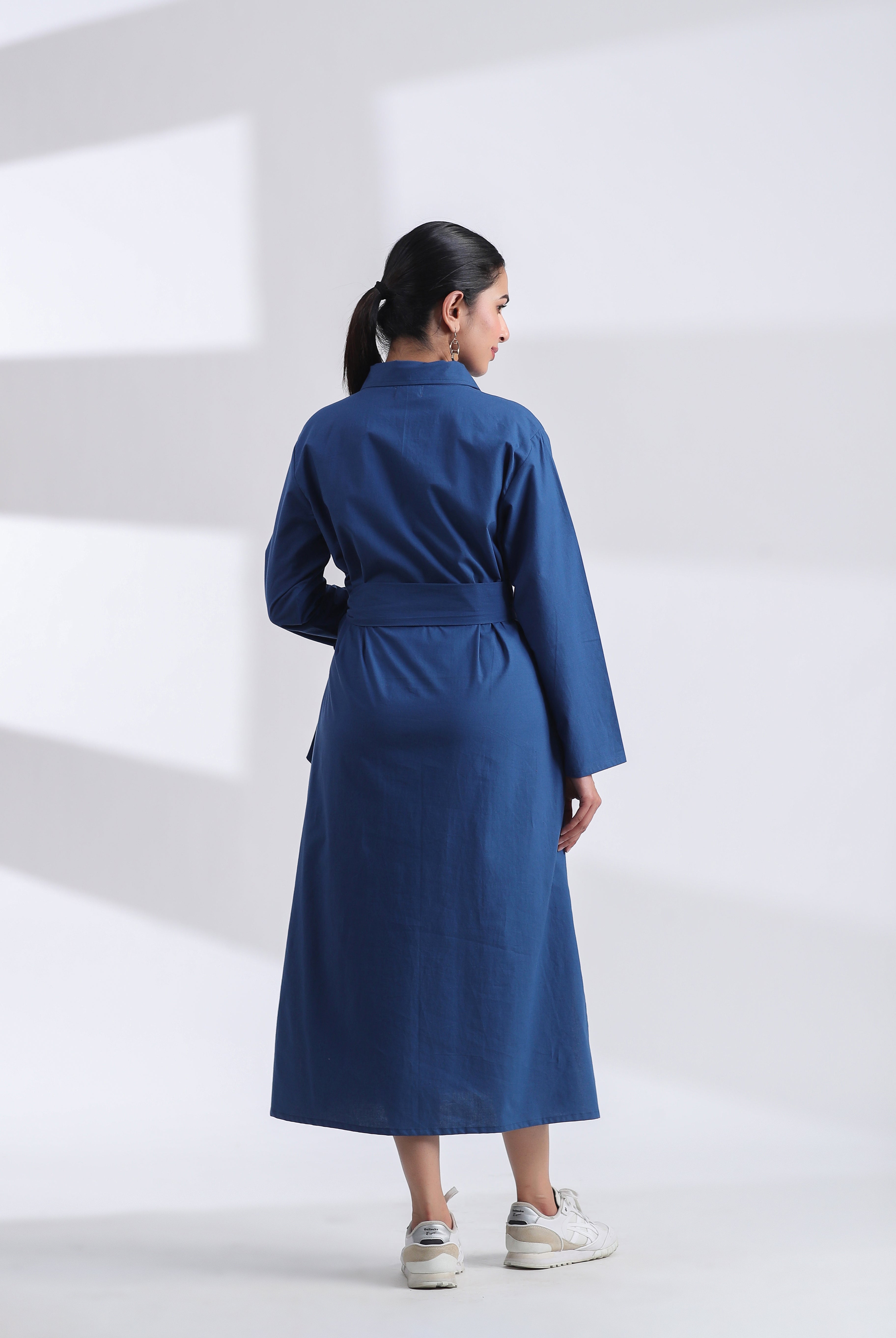 Solid on Indigo Cotton Belted Shirt Dress | Jaipurrang | Women's Ethnic Wear