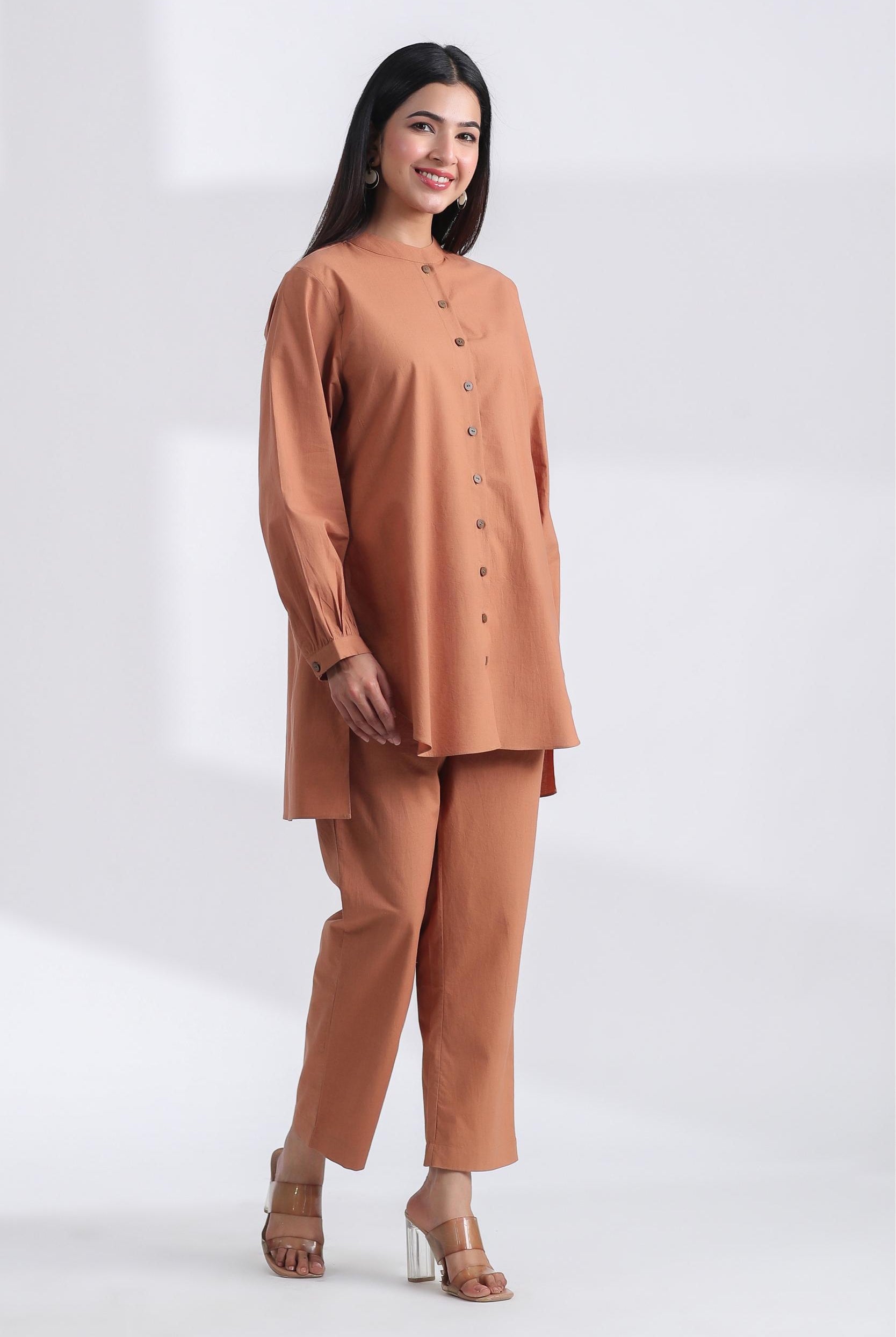 Solid on Brown Cotton Shirt Co-ord Set | Jaipurrang | Women's Ethnic Wear
