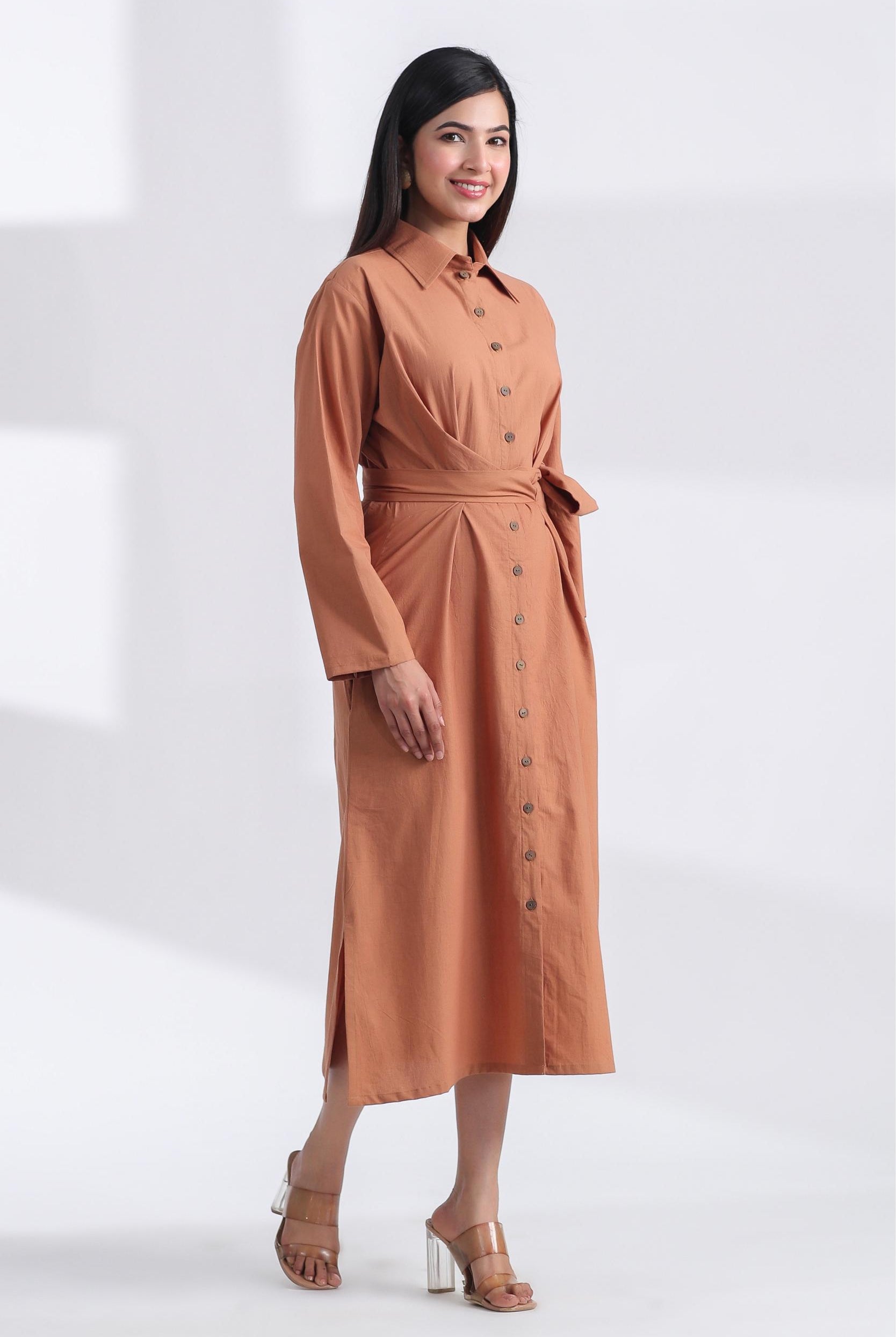 Solid on Brown Cotton Belted Shirt Dress | Jaipurrang | Women's Ethnic Wear