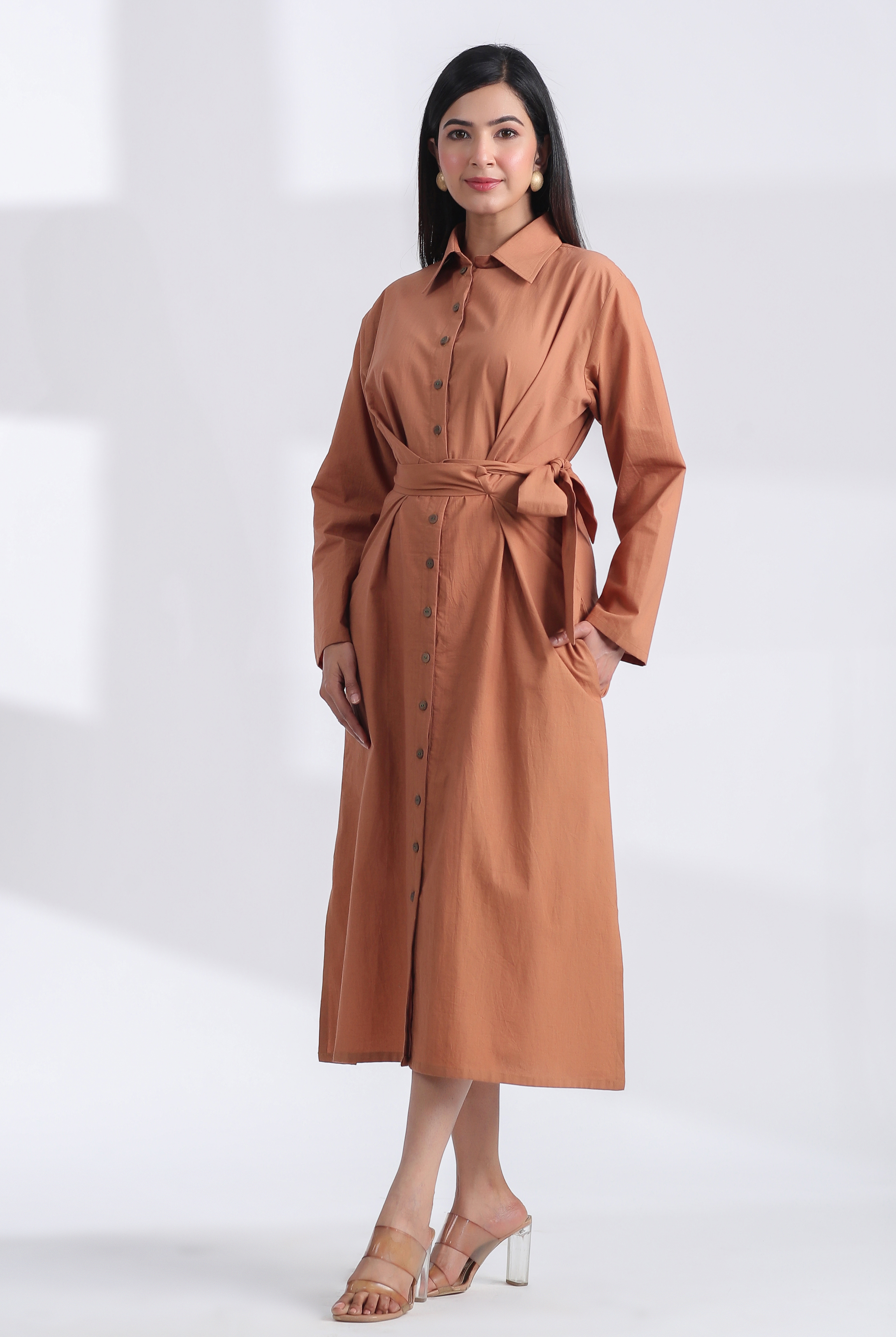 Solid on Brown Cotton Belted Shirt Dress | Jaipurrang | Women's Ethnic Wear