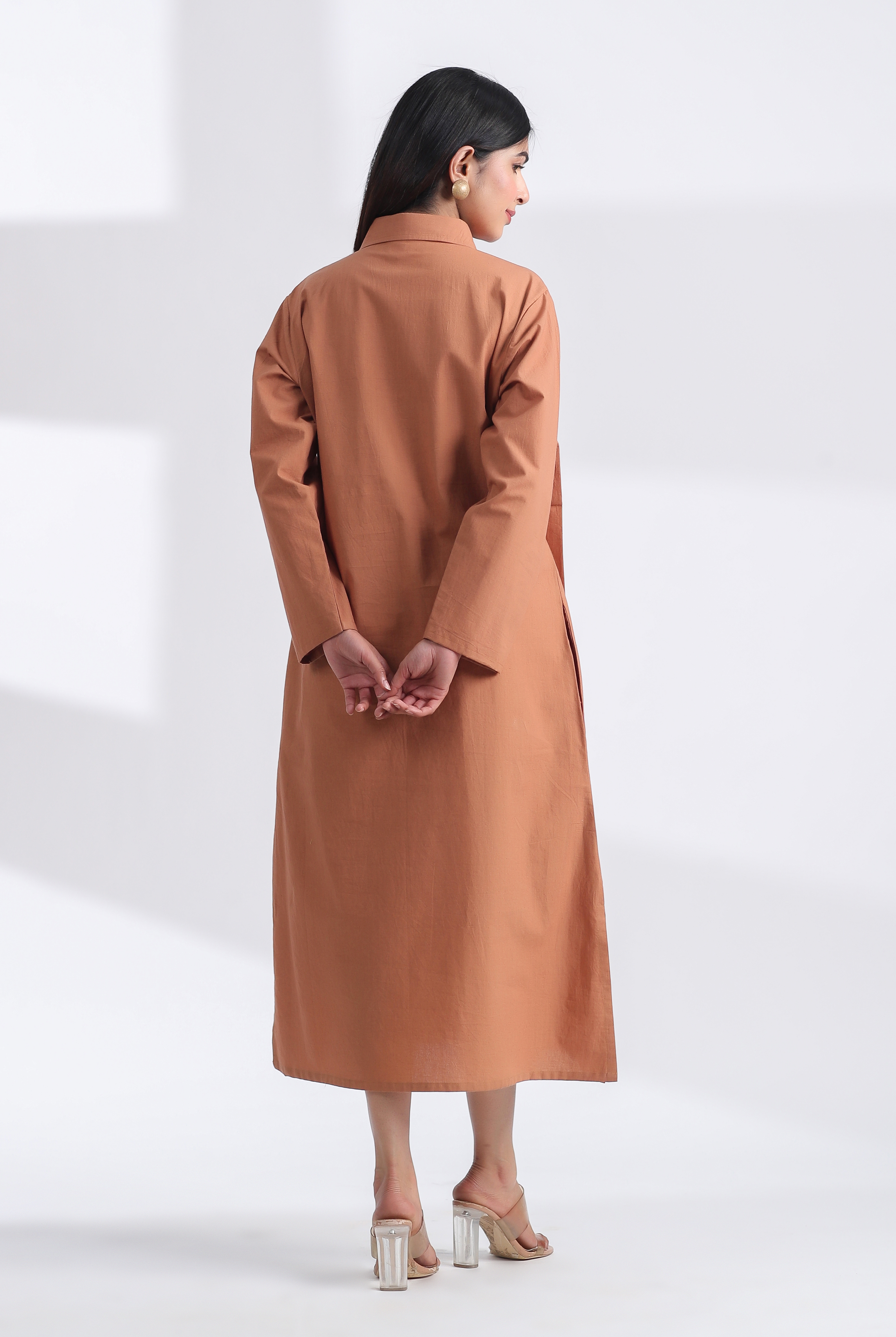 Solid on Brown Cotton Belted Shirt Dress | Jaipurrang | Women's Ethnic Wear