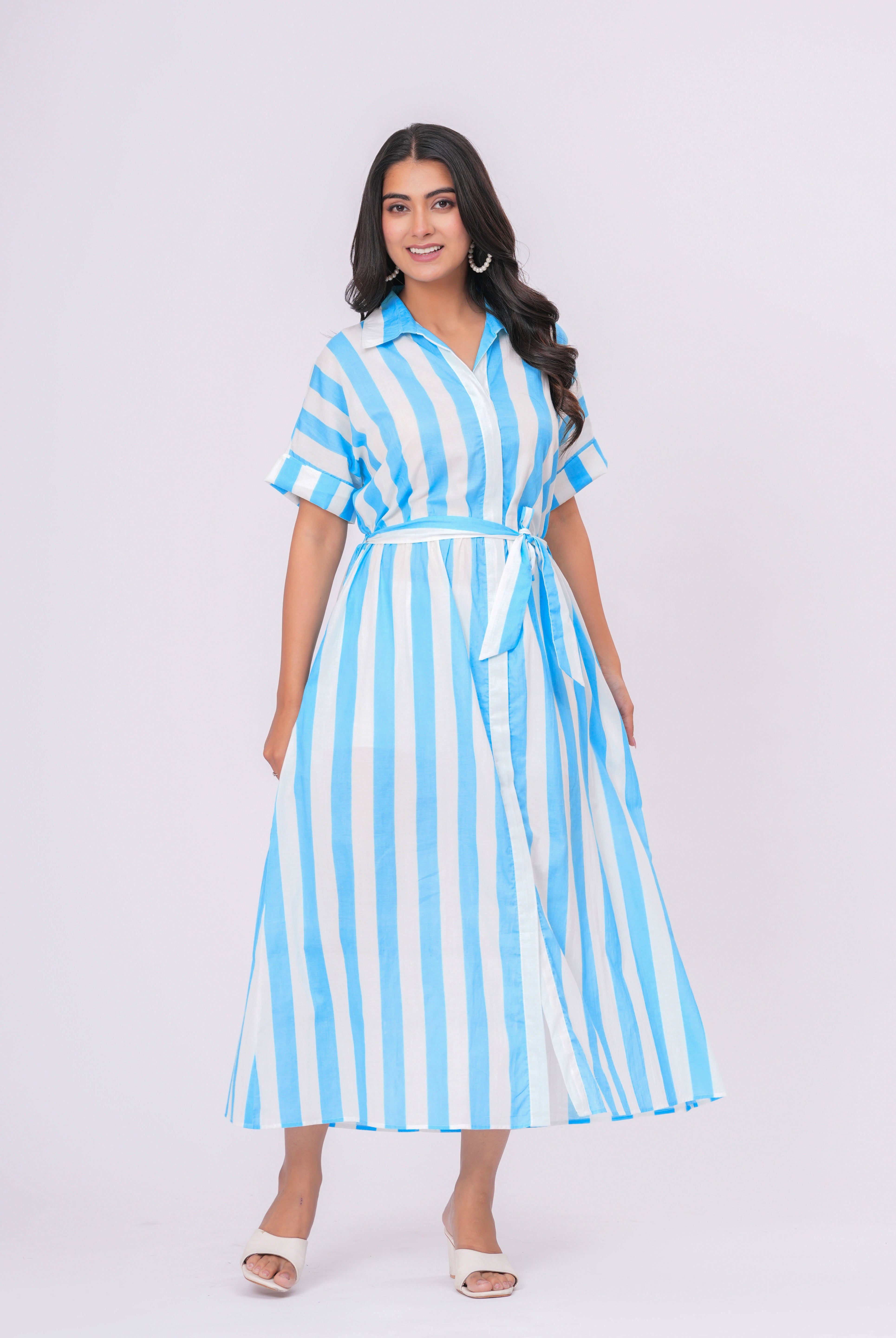 Stripe on Turquoise White Cotton Shirt Dress | Jaipurrang | Women's Ethnic Wear