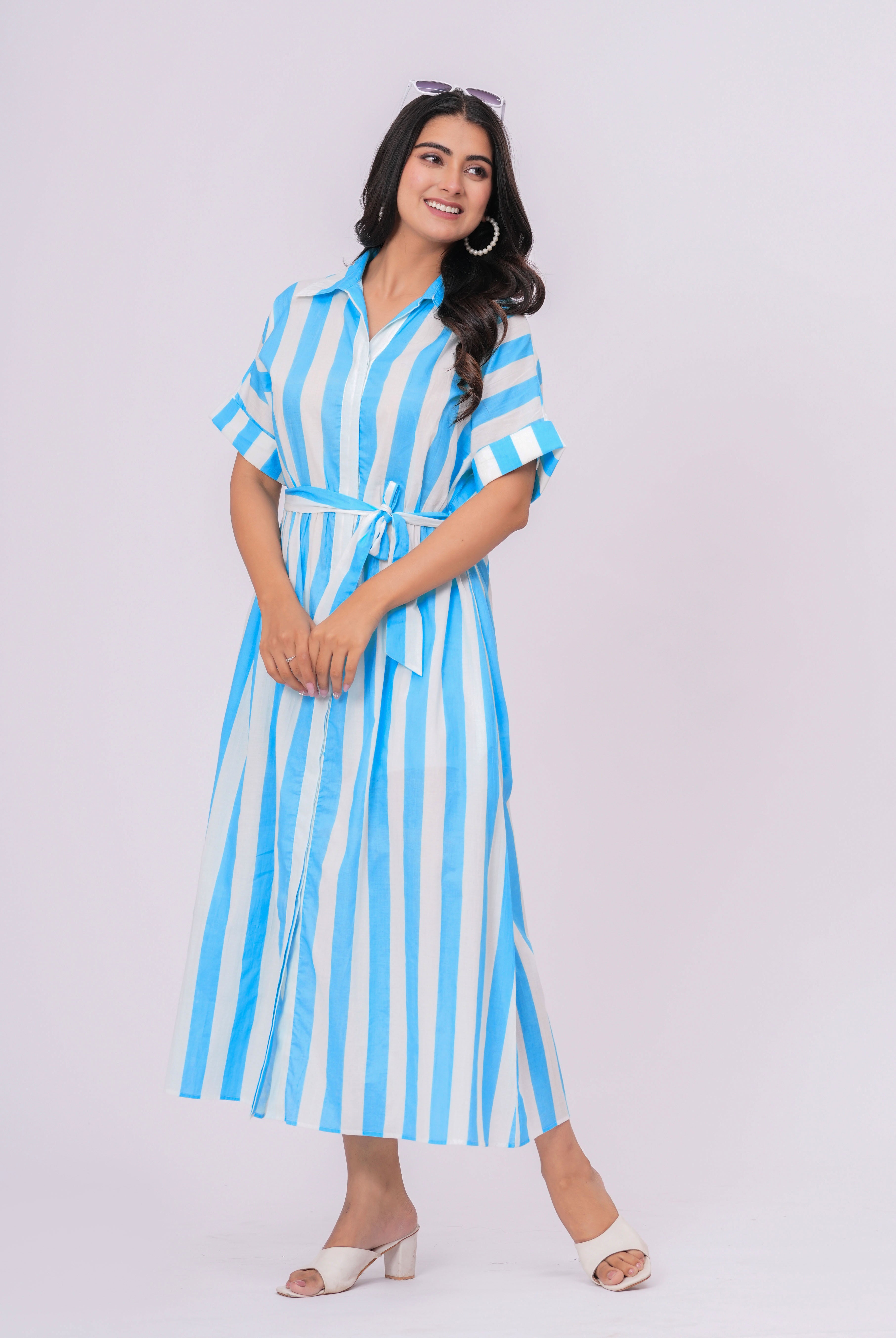 Stripe on Turquoise White Cotton Shirt Dress | Jaipurrang | Women's Ethnic Wear