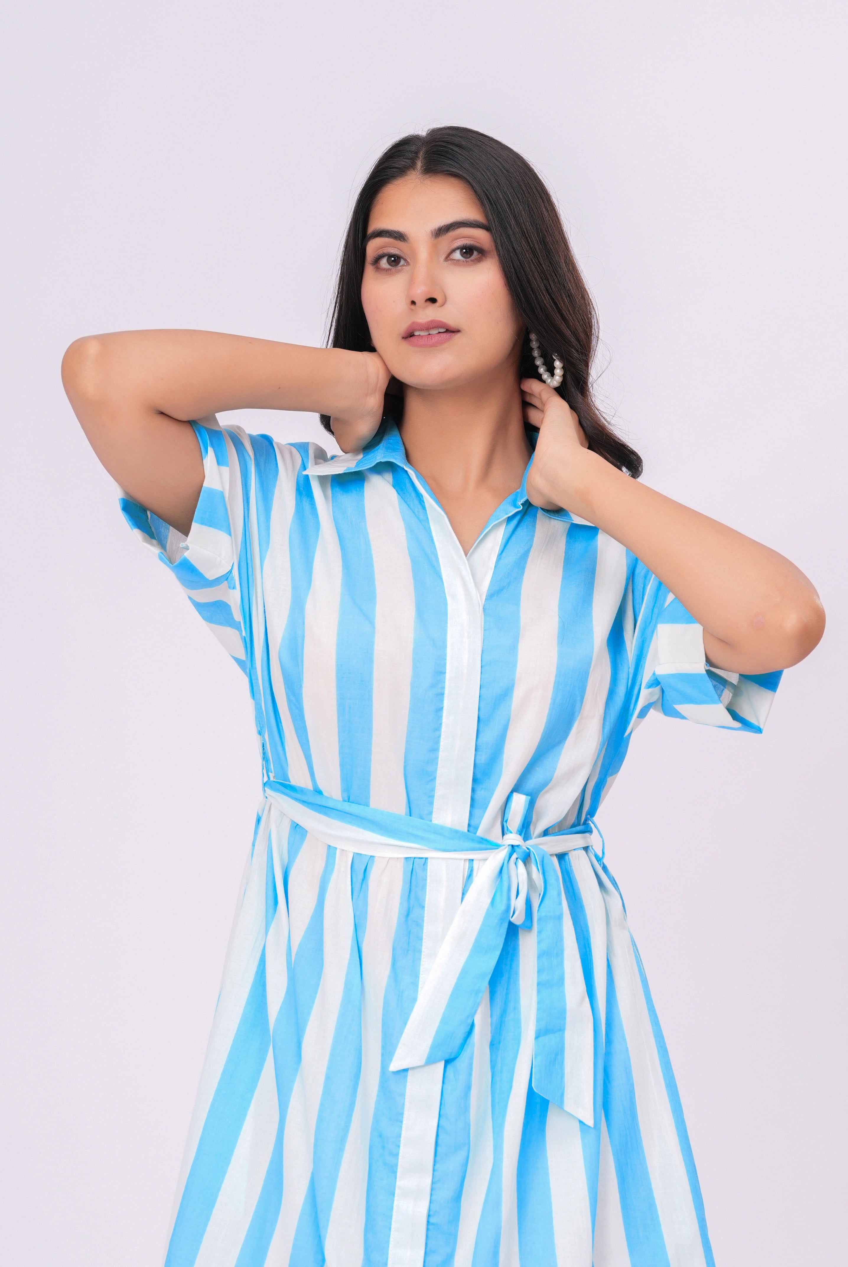 Stripe on Turquoise White Cotton Shirt Dress | Jaipurrang | Women's Ethnic Wear