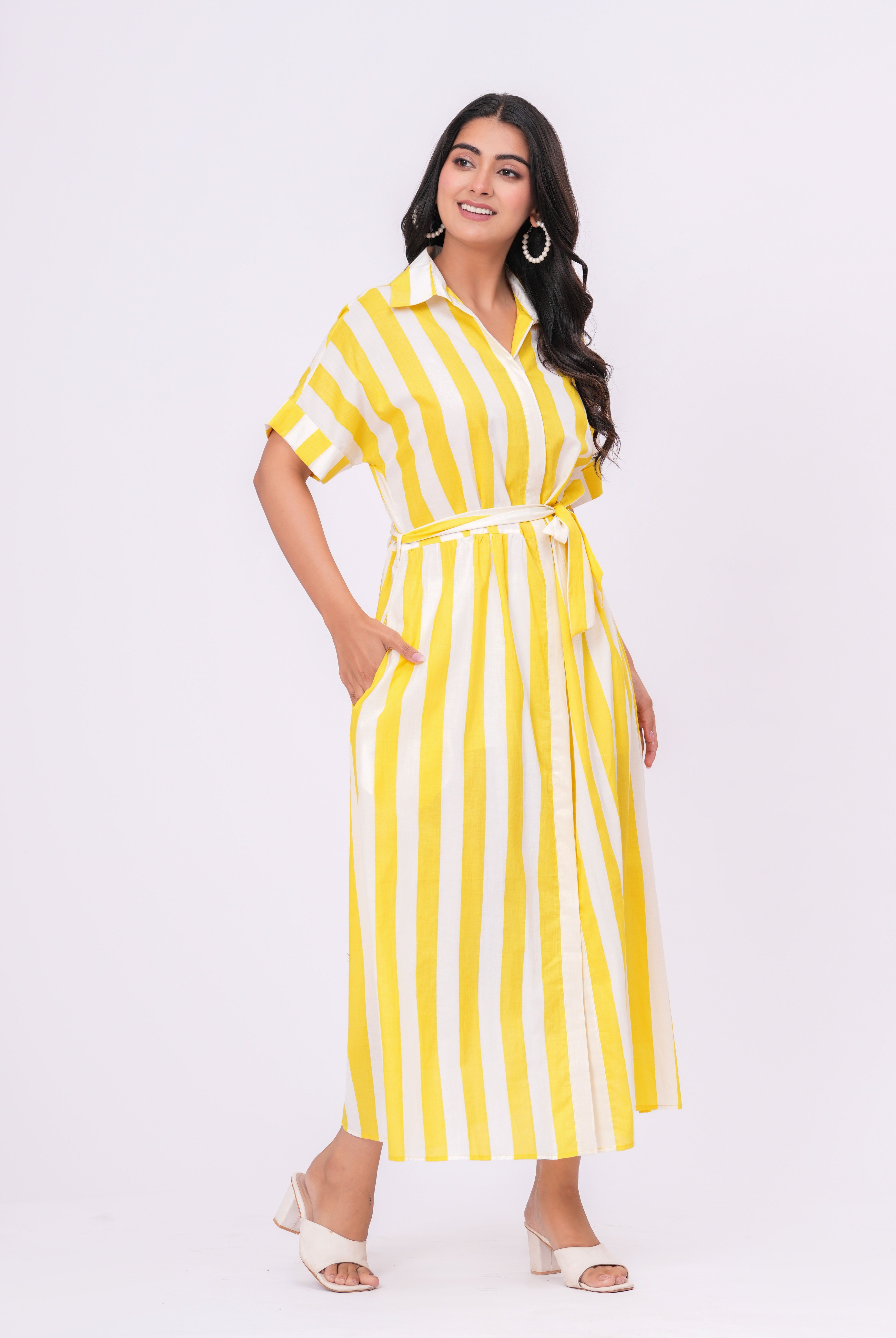 Stripe on Yellow White Cotton Shirt Dress | Jaipurrang | Women's Ethnic Wear