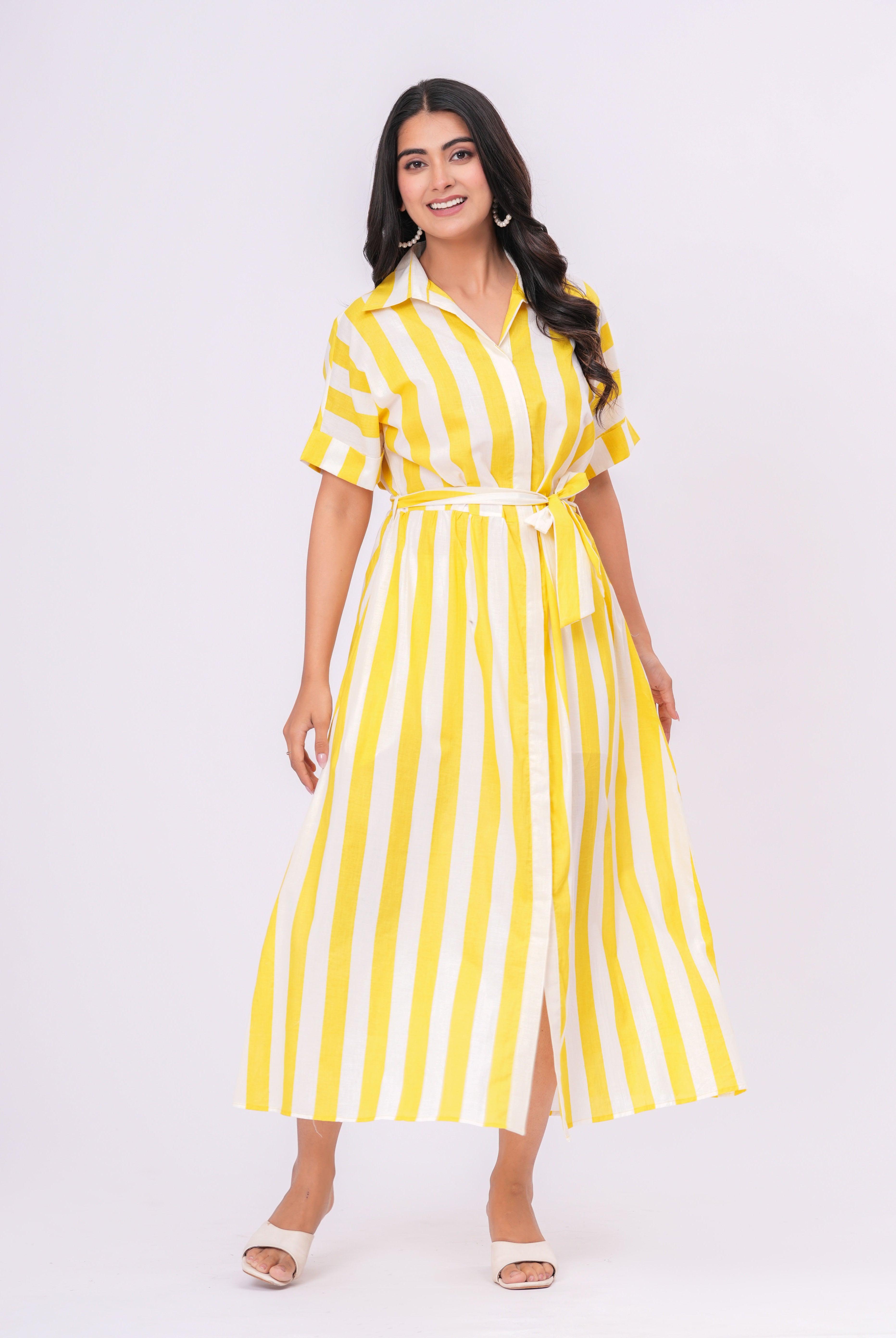 Stripe on Yellow White Cotton Shirt Dress | Jaipurrang | Women's Ethnic Wear