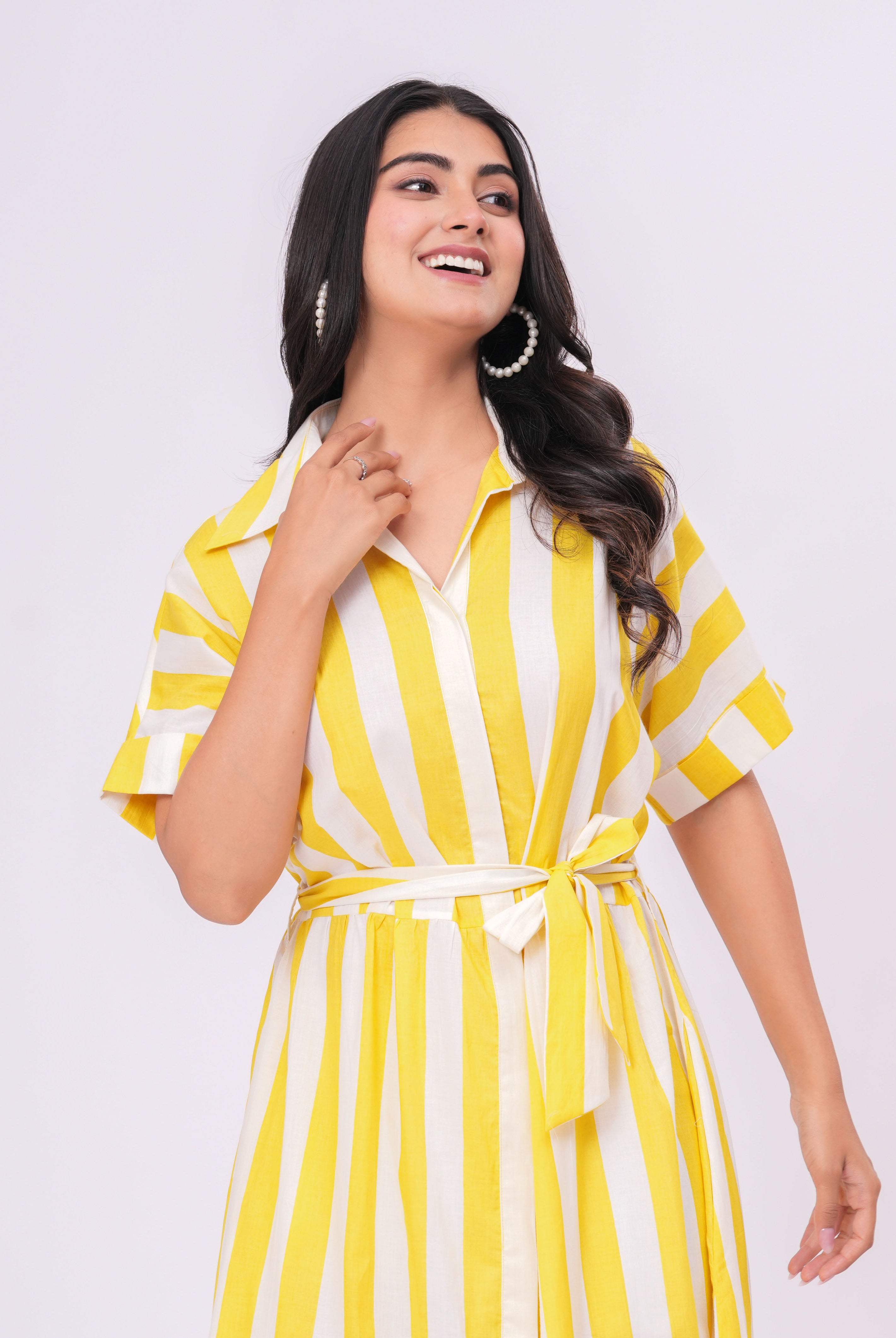 Stripe on Yellow White Cotton Shirt Dress | Jaipurrang | Women's Ethnic Wear
