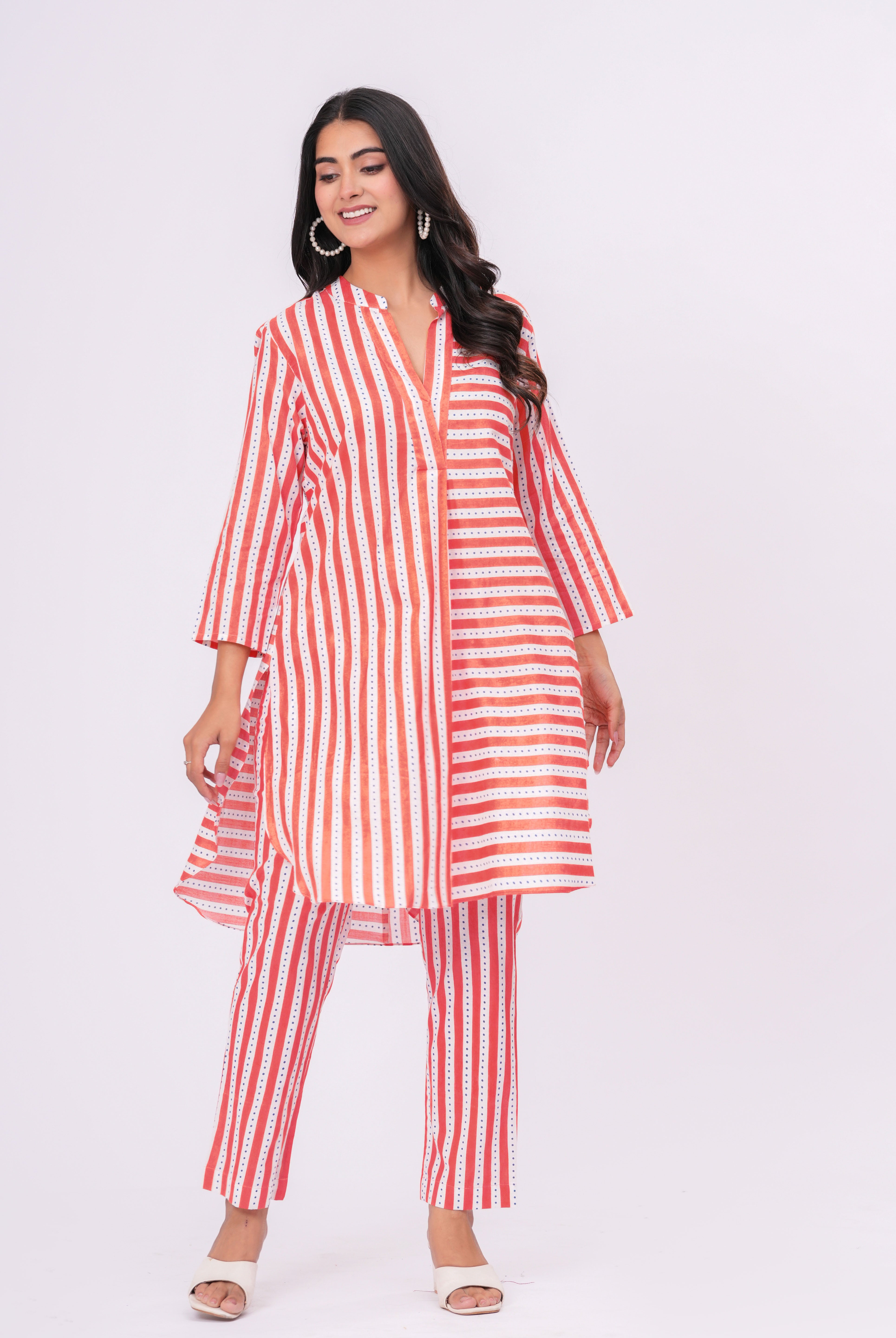Stripe on Orange White Cotton Shirt Co-ord Set | Jaipurrang | Women's Ethnic Wear