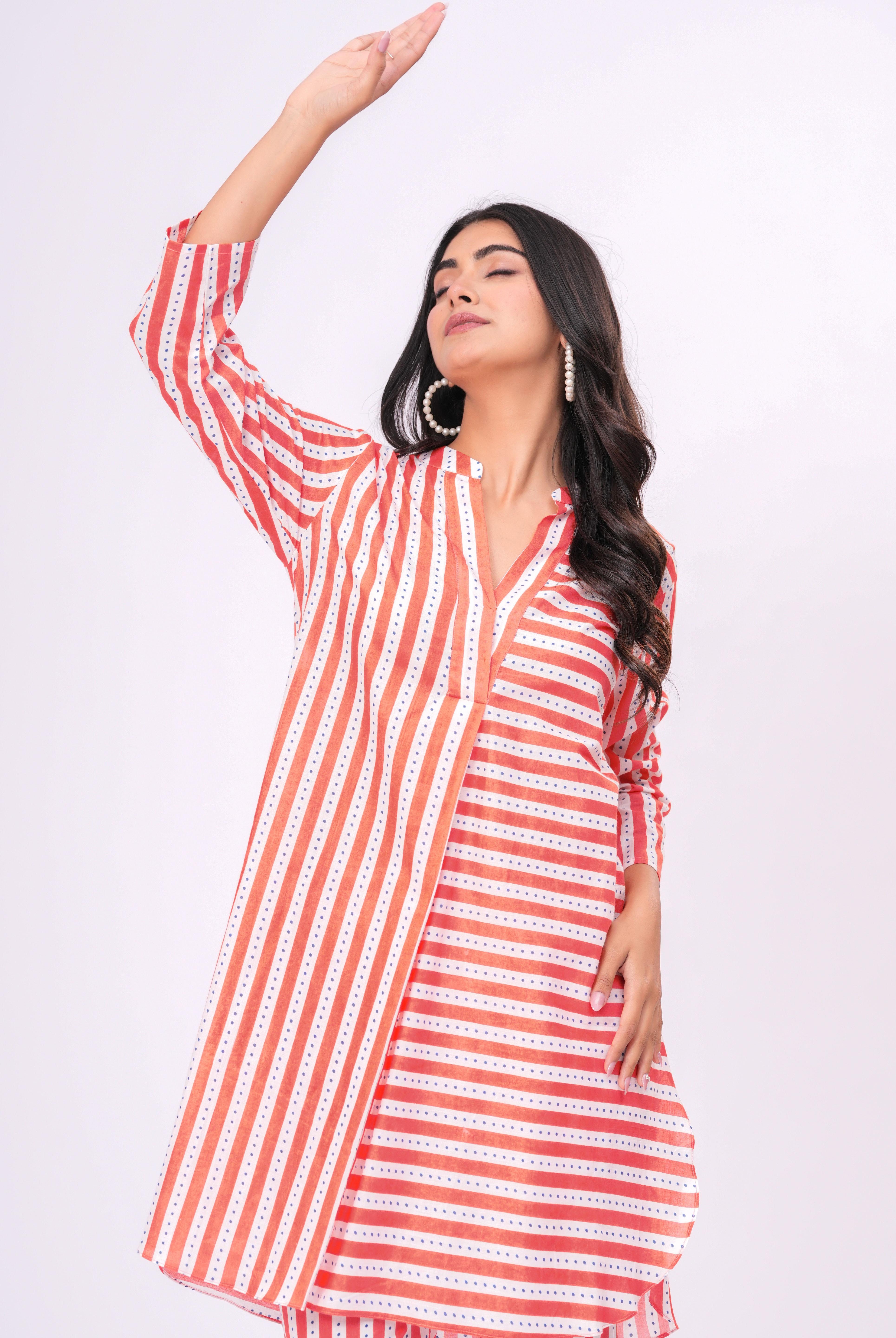 Stripe on Orange White Cotton Shirt Co-ord Set | Jaipurrang | Women's Ethnic Wear