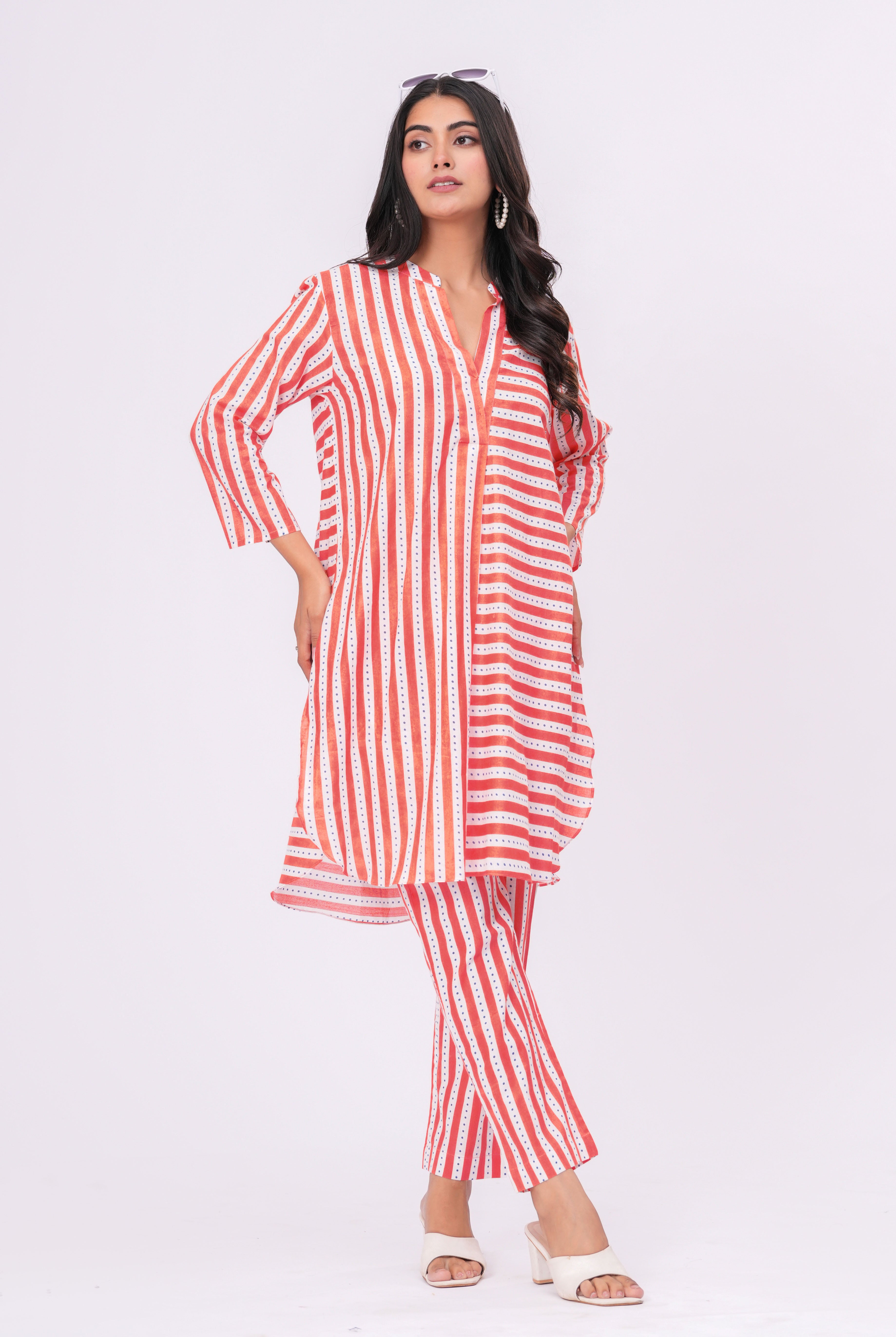 Stripe on Orange White Cotton Shirt Co-ord Set | Jaipurrang | Women's Ethnic Wear