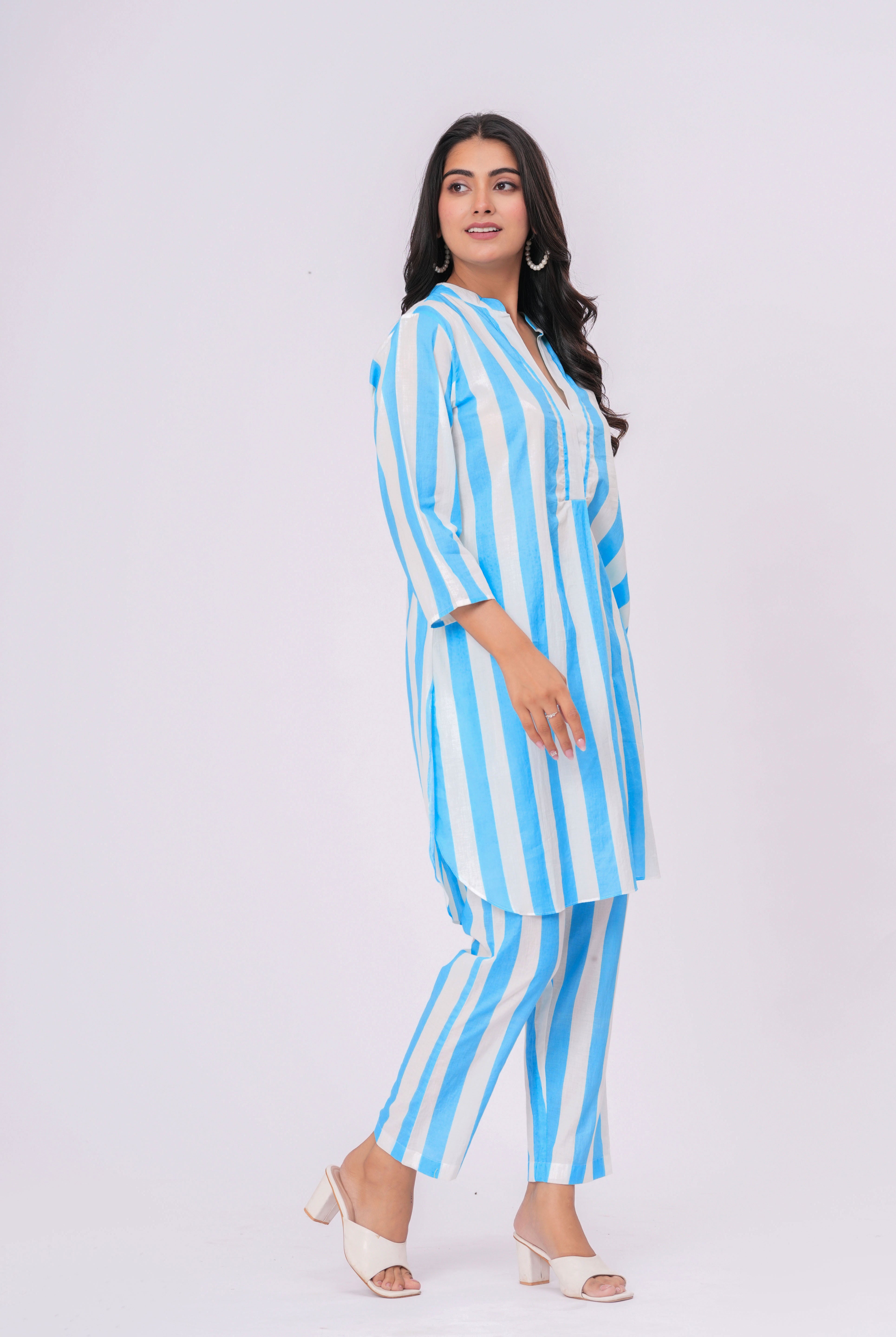 Stripe on Turquoise White Cotton Shirt Co-ord Set | Jaipurrang | Women's Ethnic Wear
