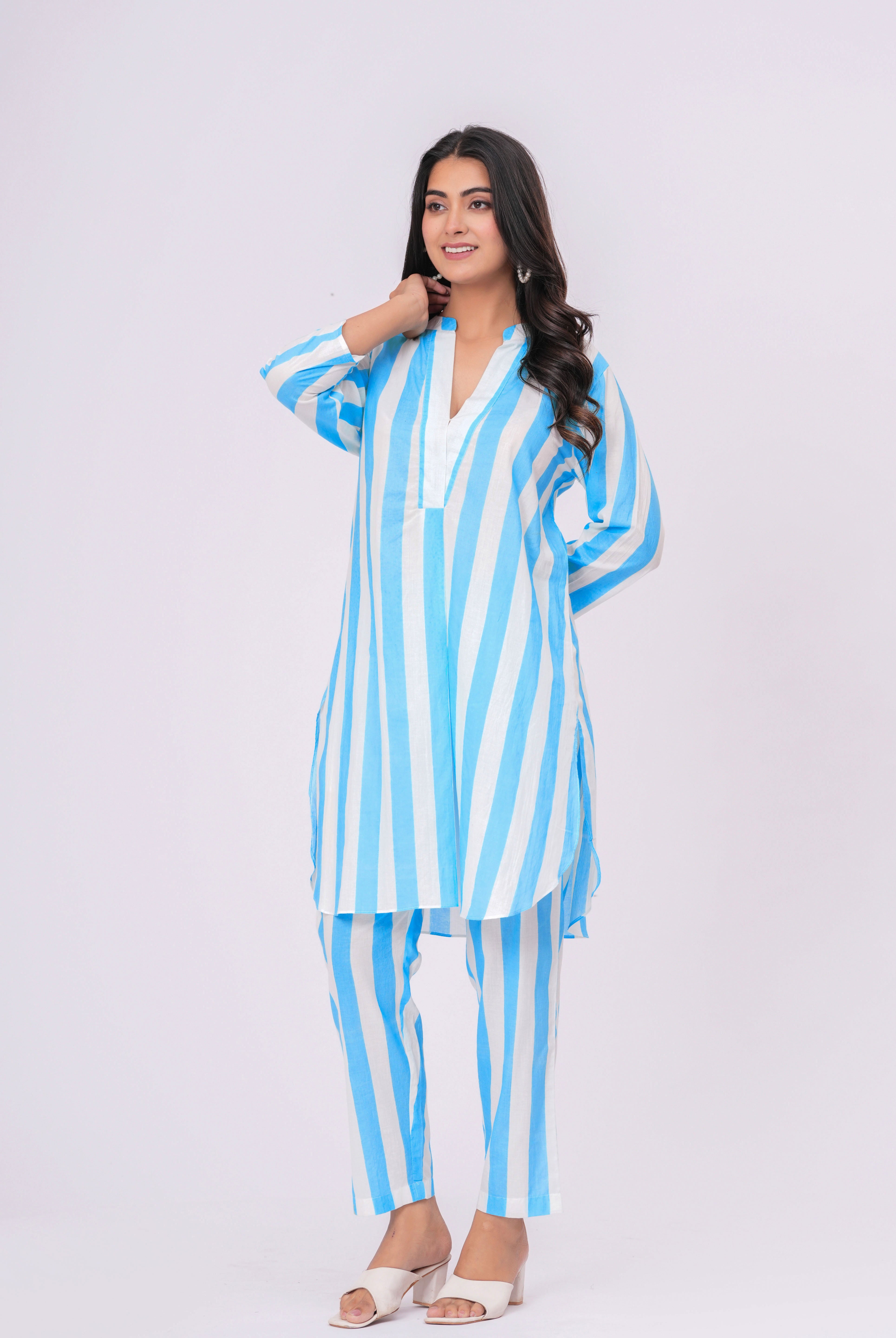 Stripe on Turquoise White Cotton Shirt Co-ord Set | Jaipurrang | Women's Ethnic Wear