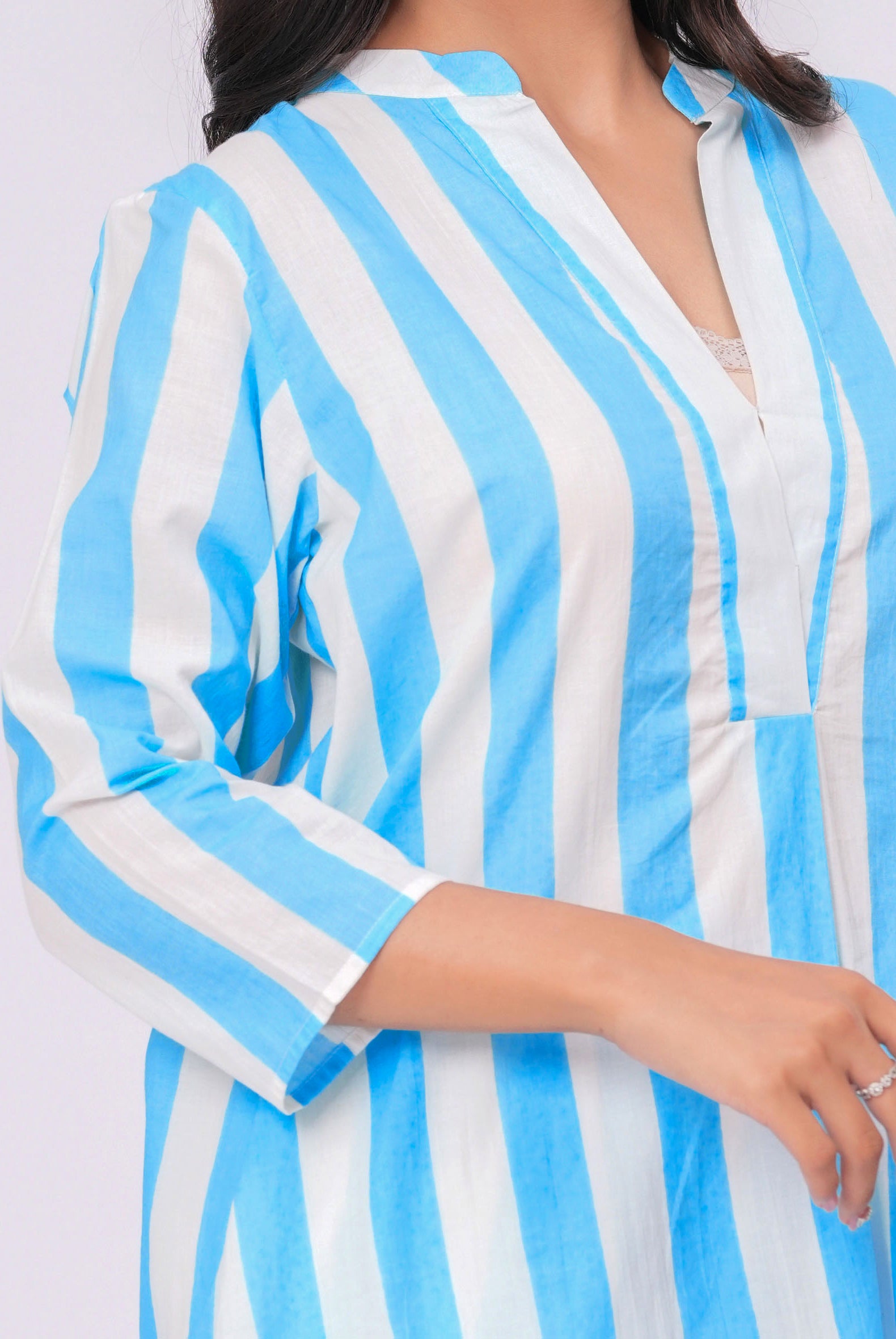 Stripe on Turquoise White Cotton Shirt Co-ord Set | Jaipurrang | Women's Ethnic Wear