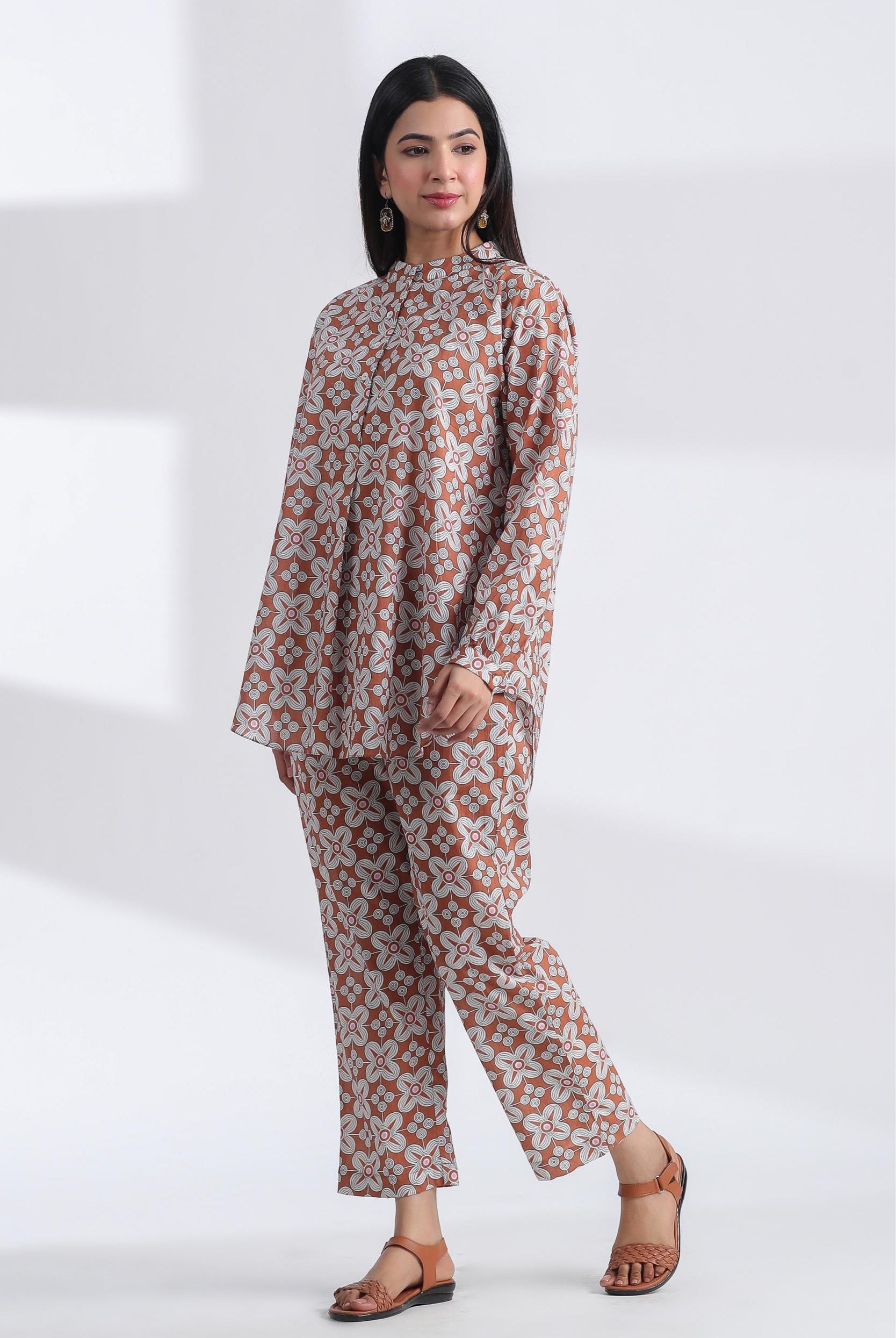 Kilim Geometric Print on Brown Ivory Cotton Co-ord Set | Jaipurrang | Women's Ethnic Wear