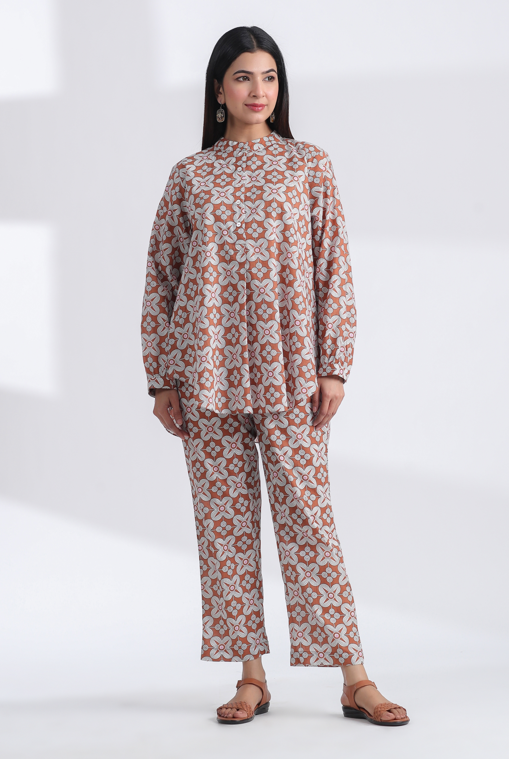 Kilim Geometric Print on Brown Ivory Cotton Co-ord Set | Jaipurrang | Women's Ethnic Wear
