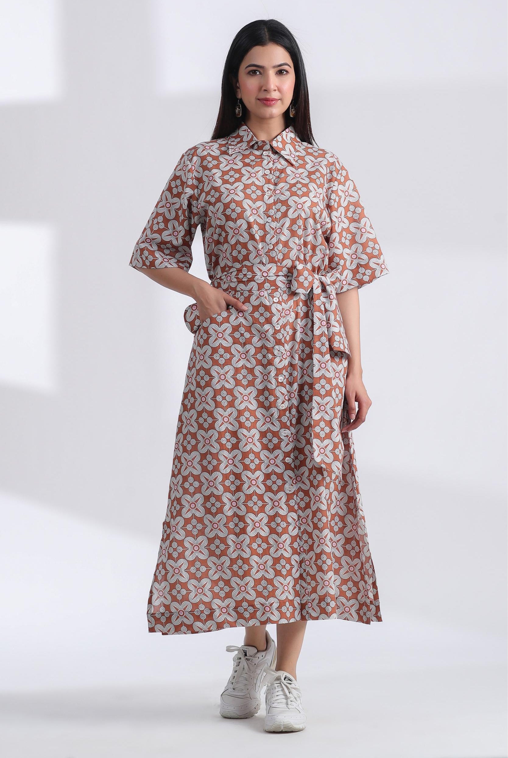 Geometric Block Print on Brown Ivory Cotton Belted Shirt Dress | Jaipurrang | Hand Block Print Ethnic Wear