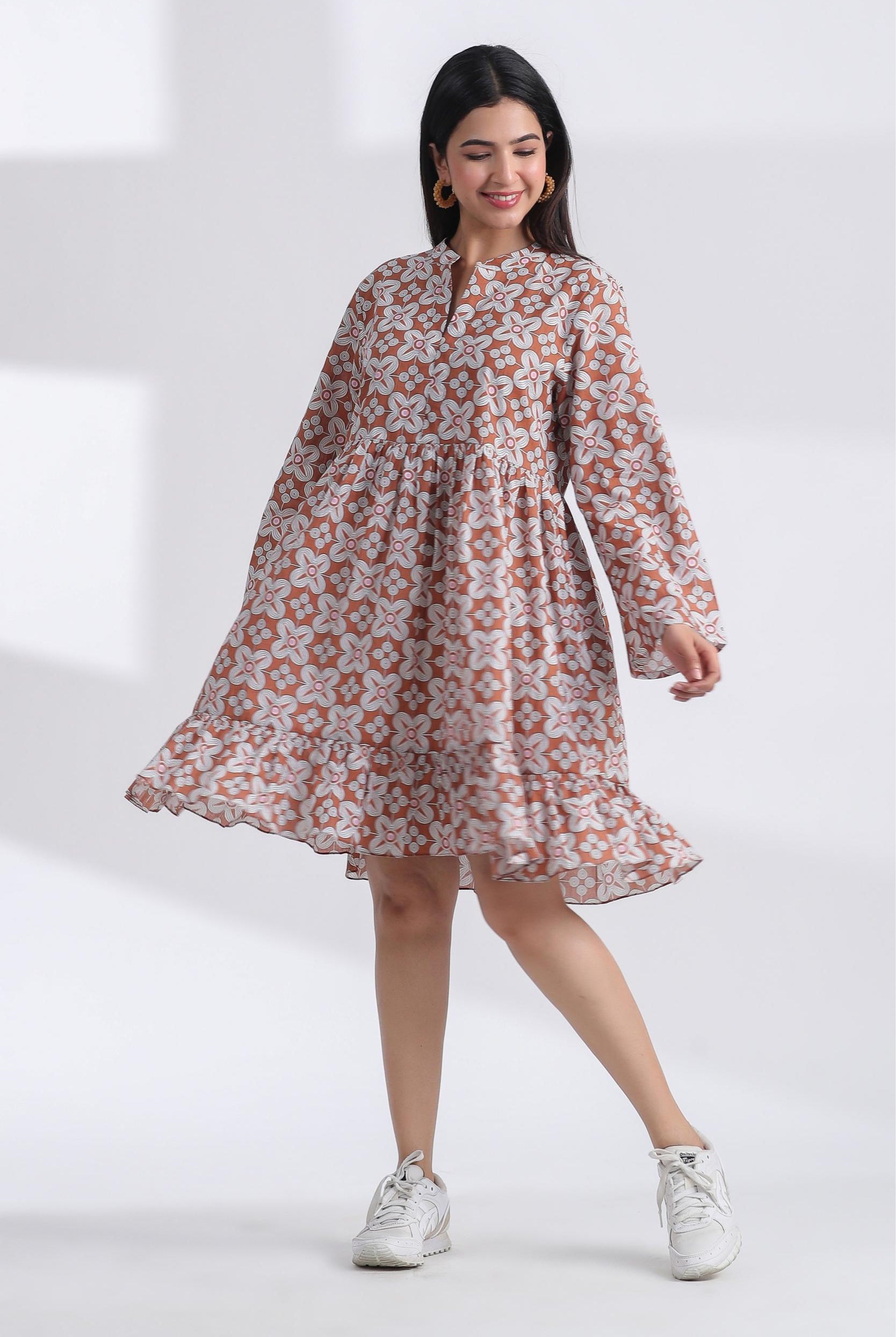 Geometric Block Print on Brown Ivory Cotton Short Tiered Dress | Jaipurrang | Hand Block Print Ethnic Wear