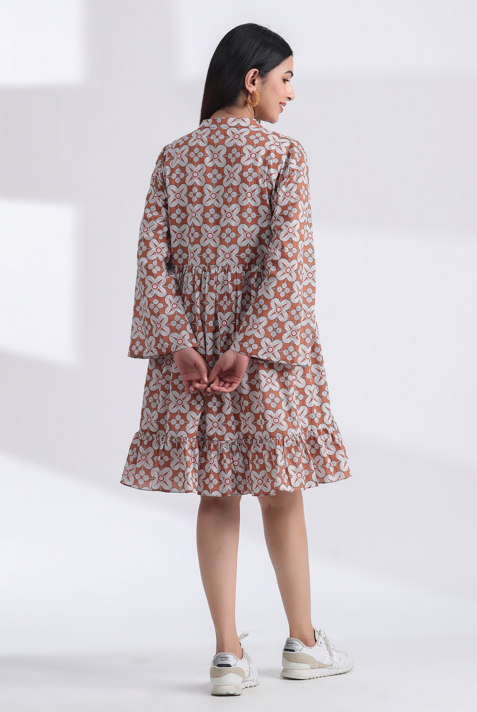 Geometric Block Print on Brown Ivory Cotton Short Tiered Dress | Jaipurrang | Hand Block Print Ethnic Wear