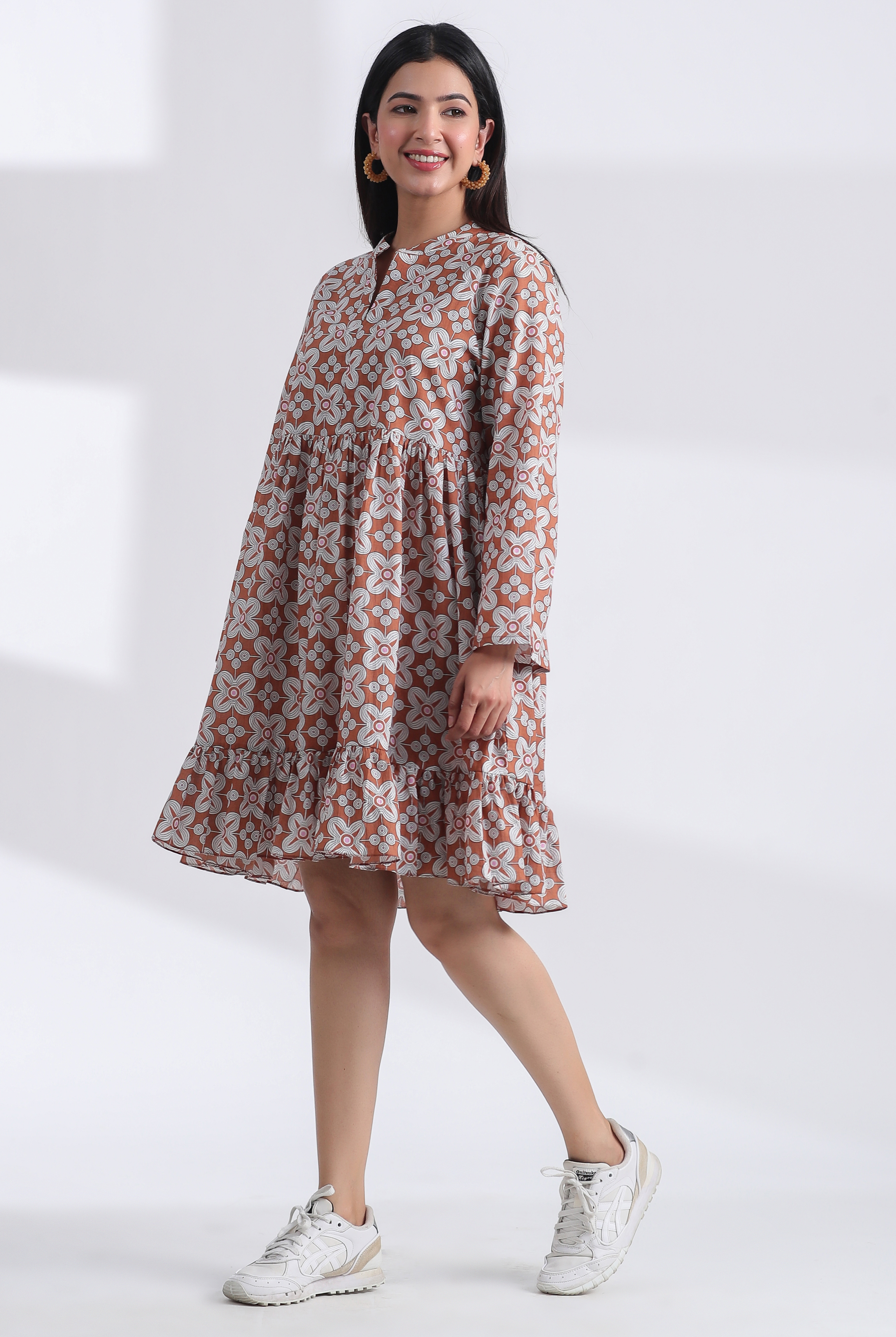 Geometric Block Print on Brown Ivory Cotton Short Tiered Dress | Jaipurrang | Hand Block Print Ethnic Wear