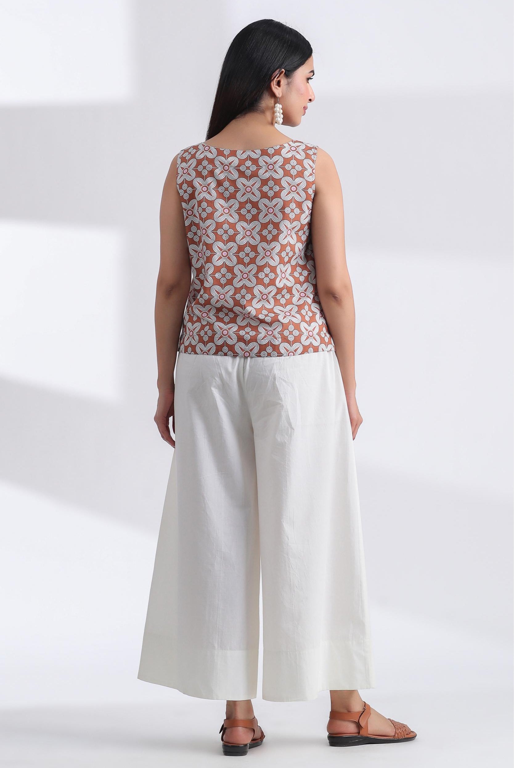 Geometric Print on Brown Ivory Cotton Round Neck Crop Top | Jaipurrang | Hand Block Print Ethnic Wear