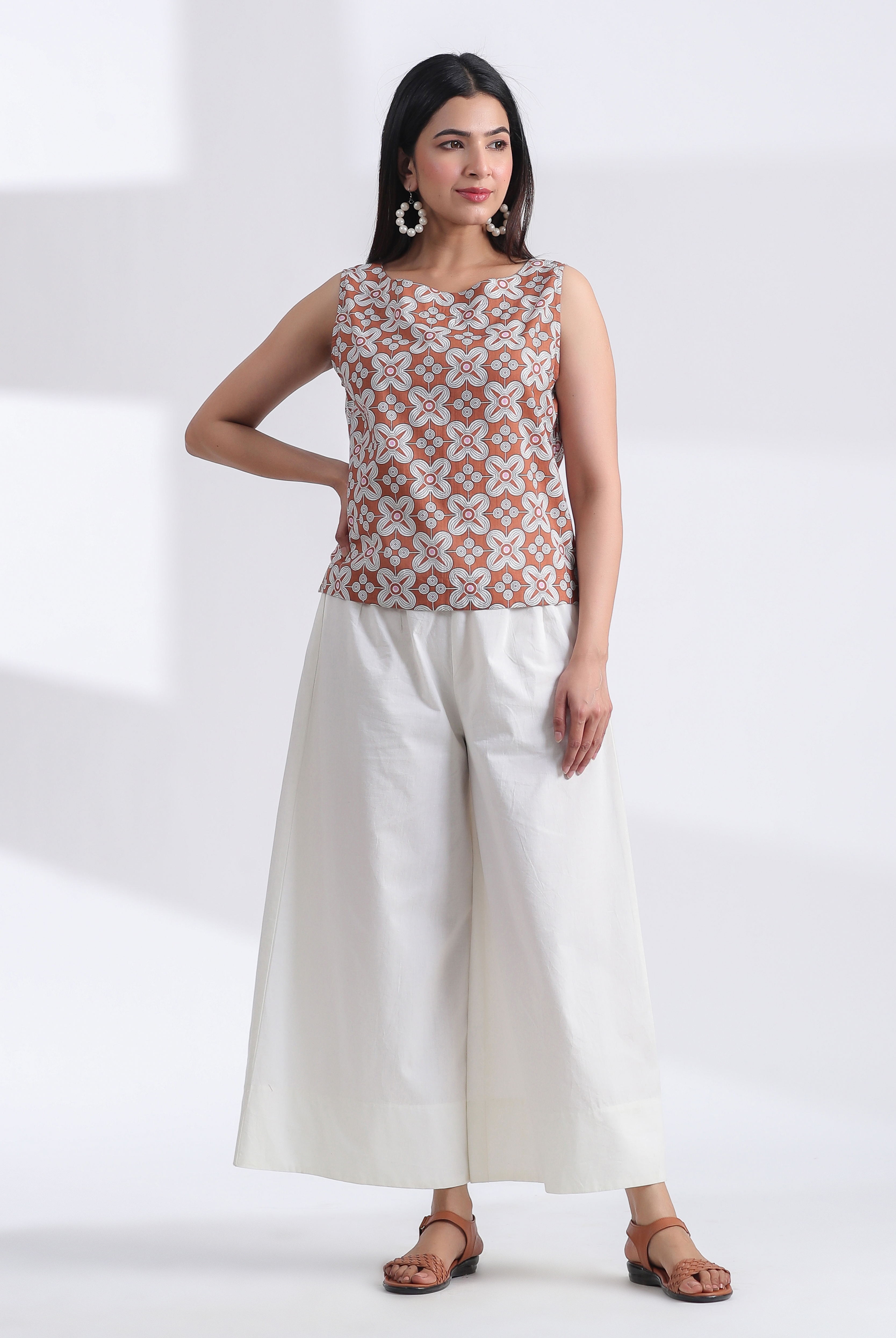 Geometric Print on Brown Ivory Cotton Round Neck Crop Top | Jaipurrang | Hand Block Print Ethnic Wear