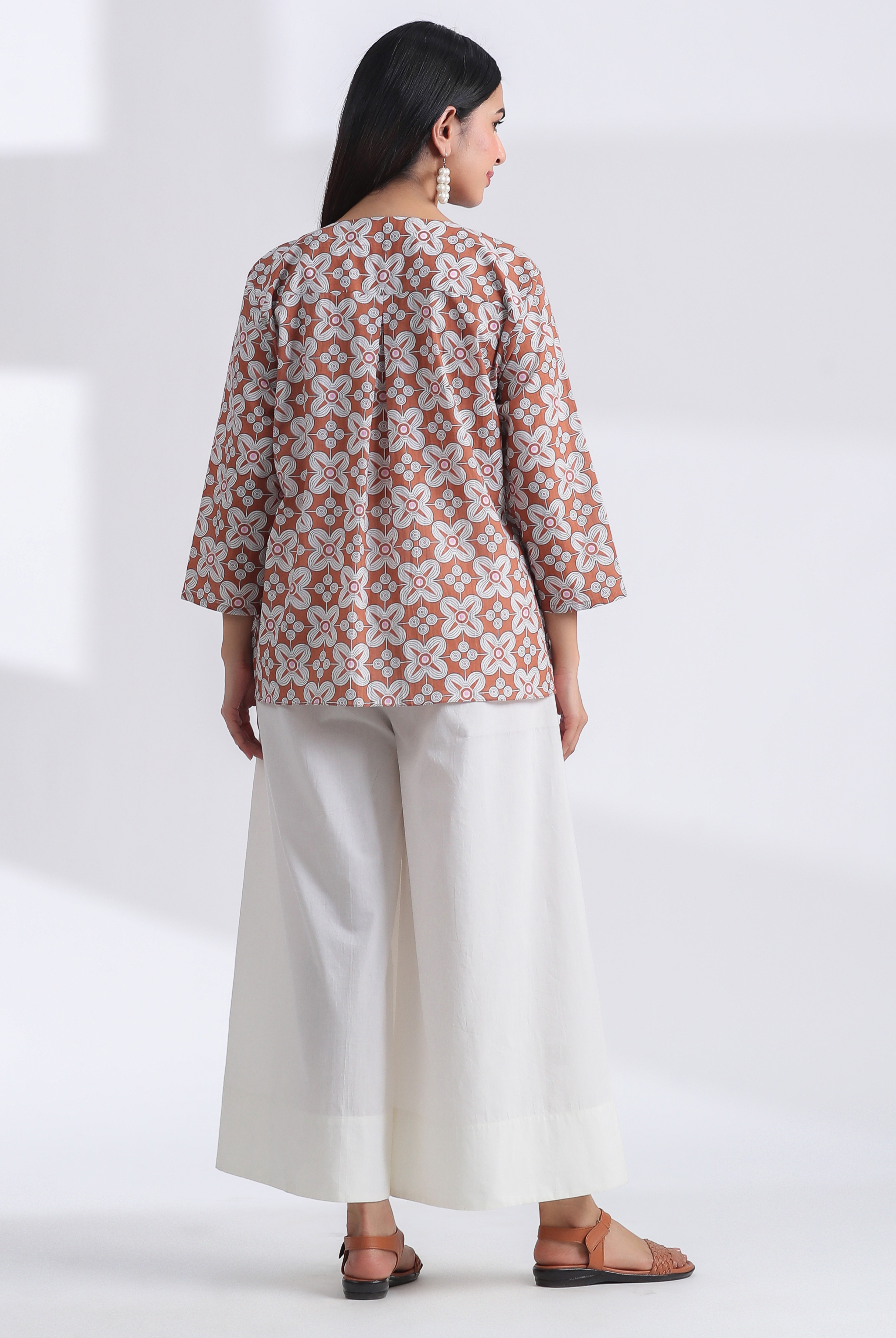 Geometric Block Print on Brown Ivory Cotton V-Neck Hi-Low Top | Jaipurrang | Hand Block Print Ethnic Wear