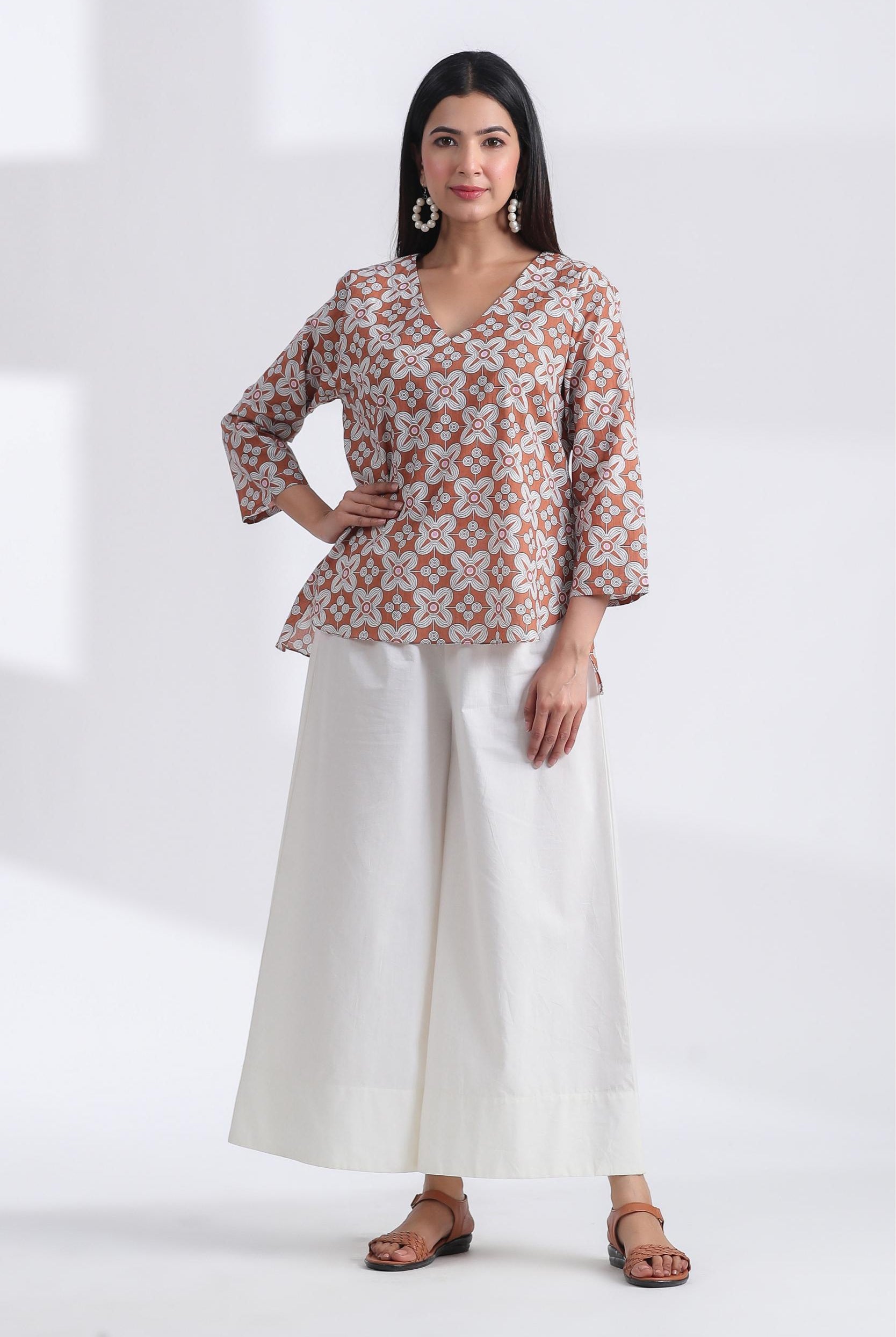 Geometric Block Print on Brown Ivory Cotton V-Neck Hi-Low Top | Jaipurrang | Hand Block Print Ethnic Wear