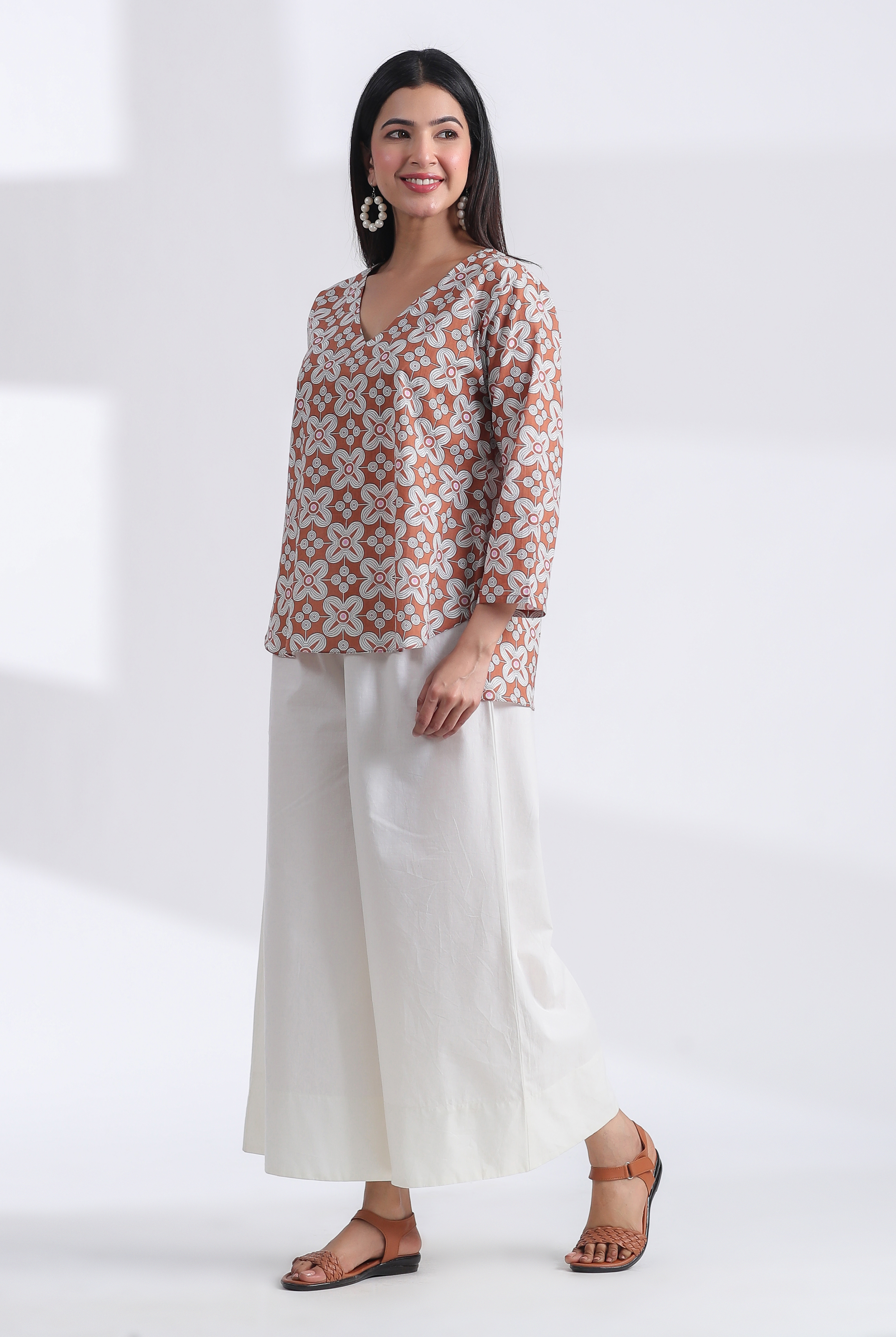 Geometric Block Print on Brown Ivory Cotton V-Neck Hi-Low Top | Jaipurrang | Hand Block Print Ethnic Wear