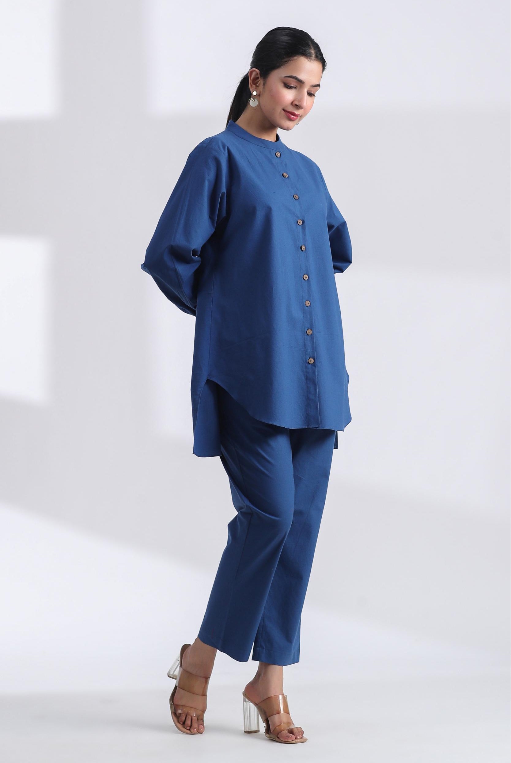 Solid on Indigo Cotton Shirt Co-ord Set | Jaipurrang | Women's Ethnic Wear