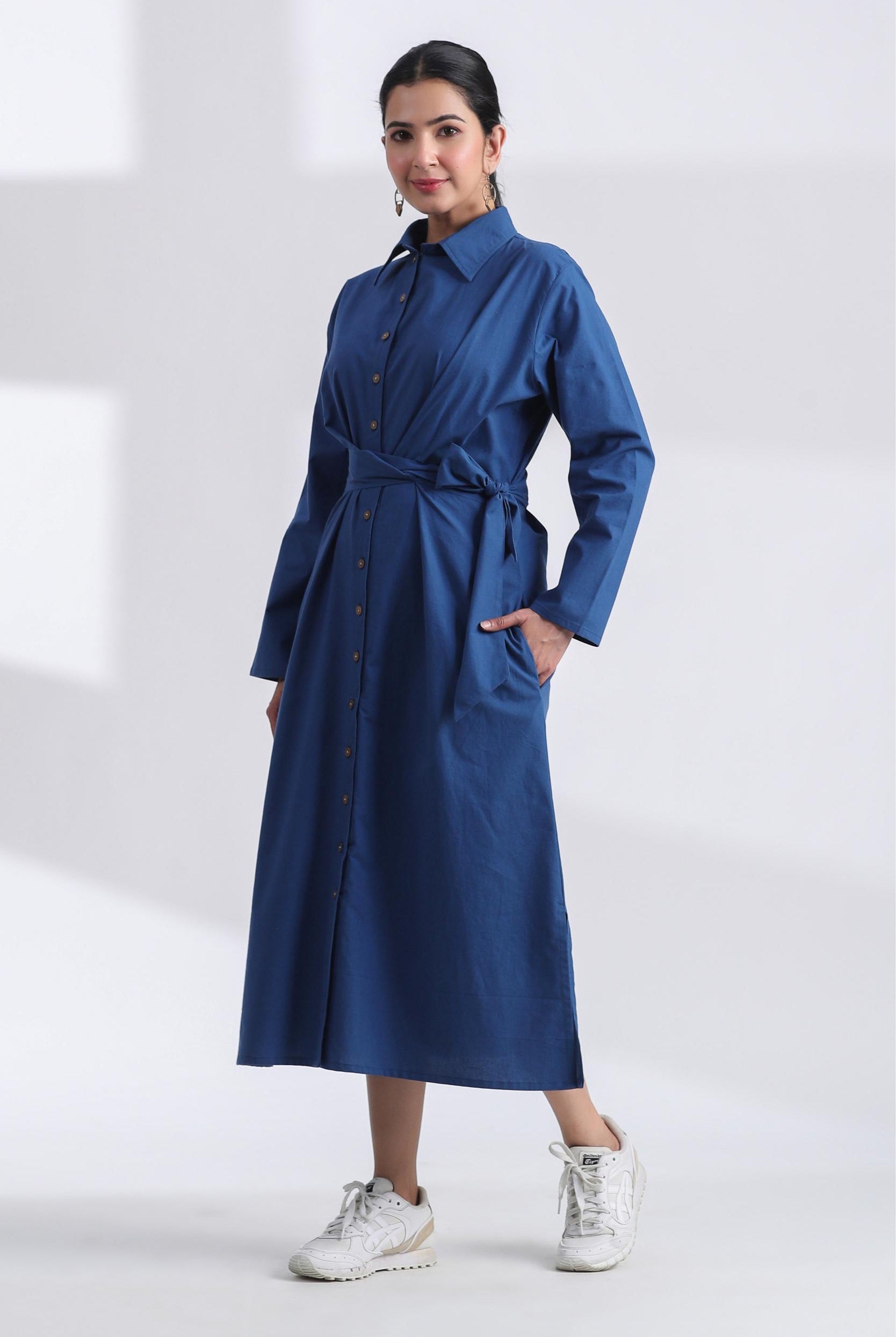 Solid on Indigo Cotton Belted Shirt Dress | Jaipurrang | Women's Ethnic Wear