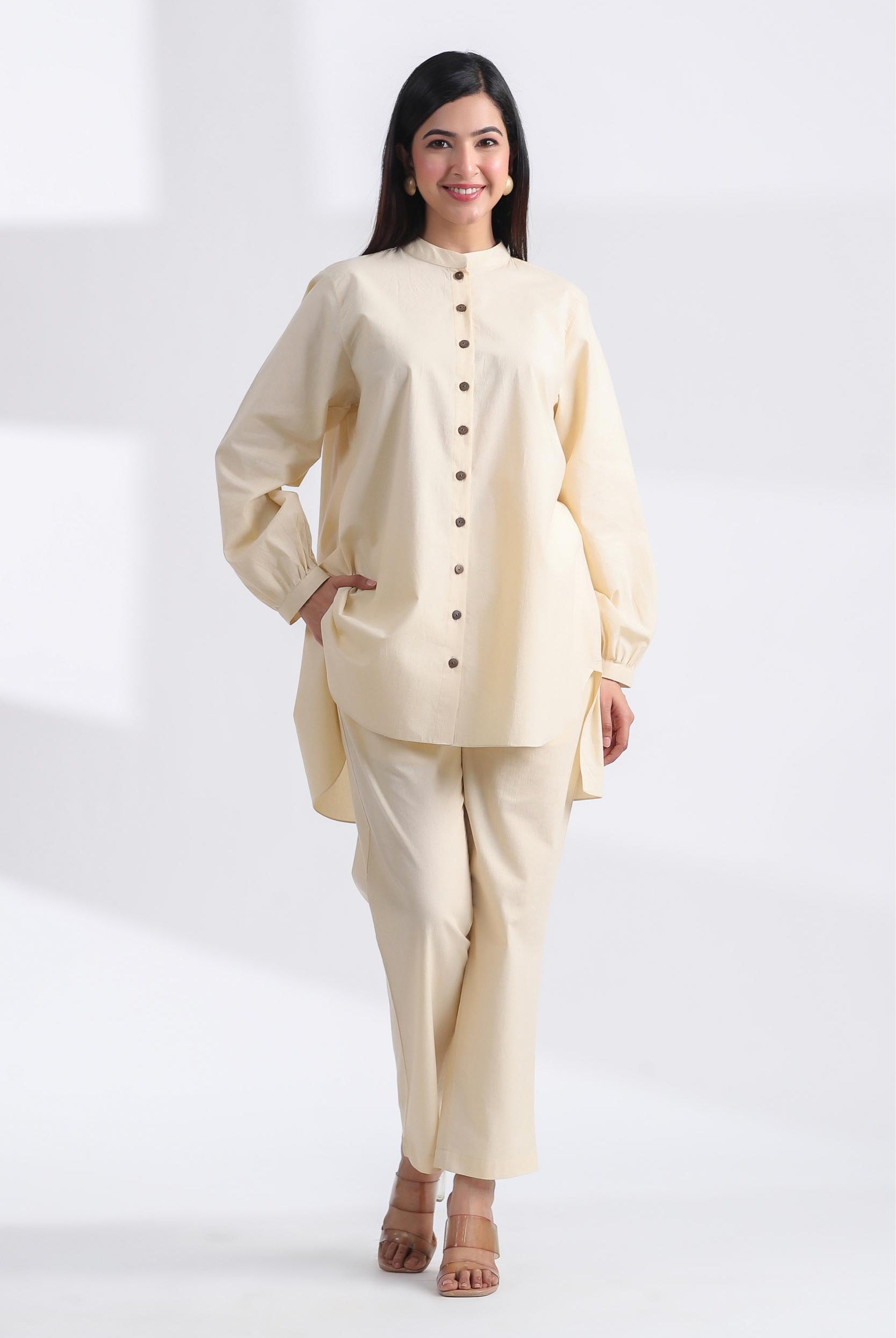Solid on Ivory Cotton Shirt Co-ord Set | Jaipurrang | Women's Ethnic Wear