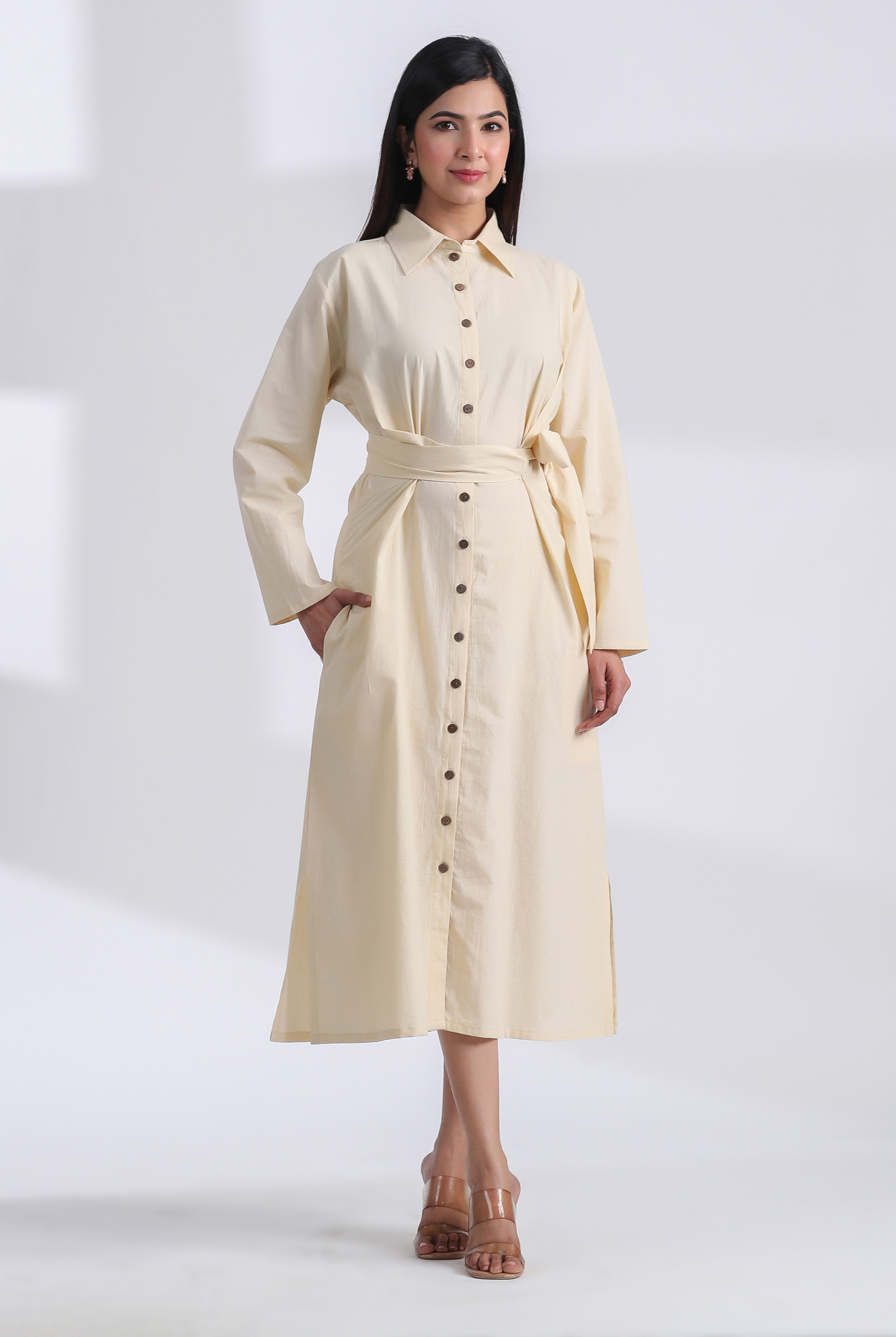 Solid on Ivory Cotton Belted Shirt Dress | Jaipurrang | Women's Ethnic Wear