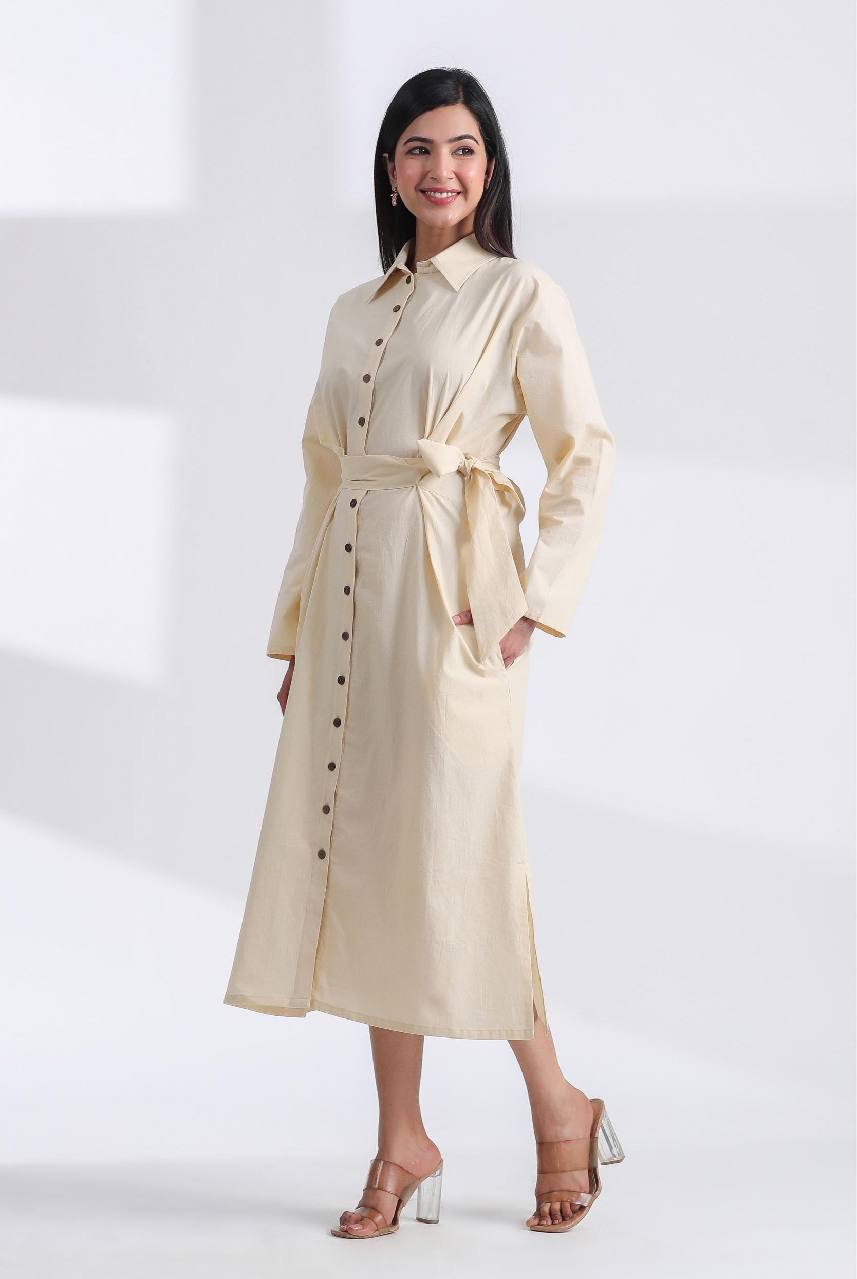 Solid on Ivory Cotton Belted Shirt Dress | Jaipurrang | Women's Ethnic Wear