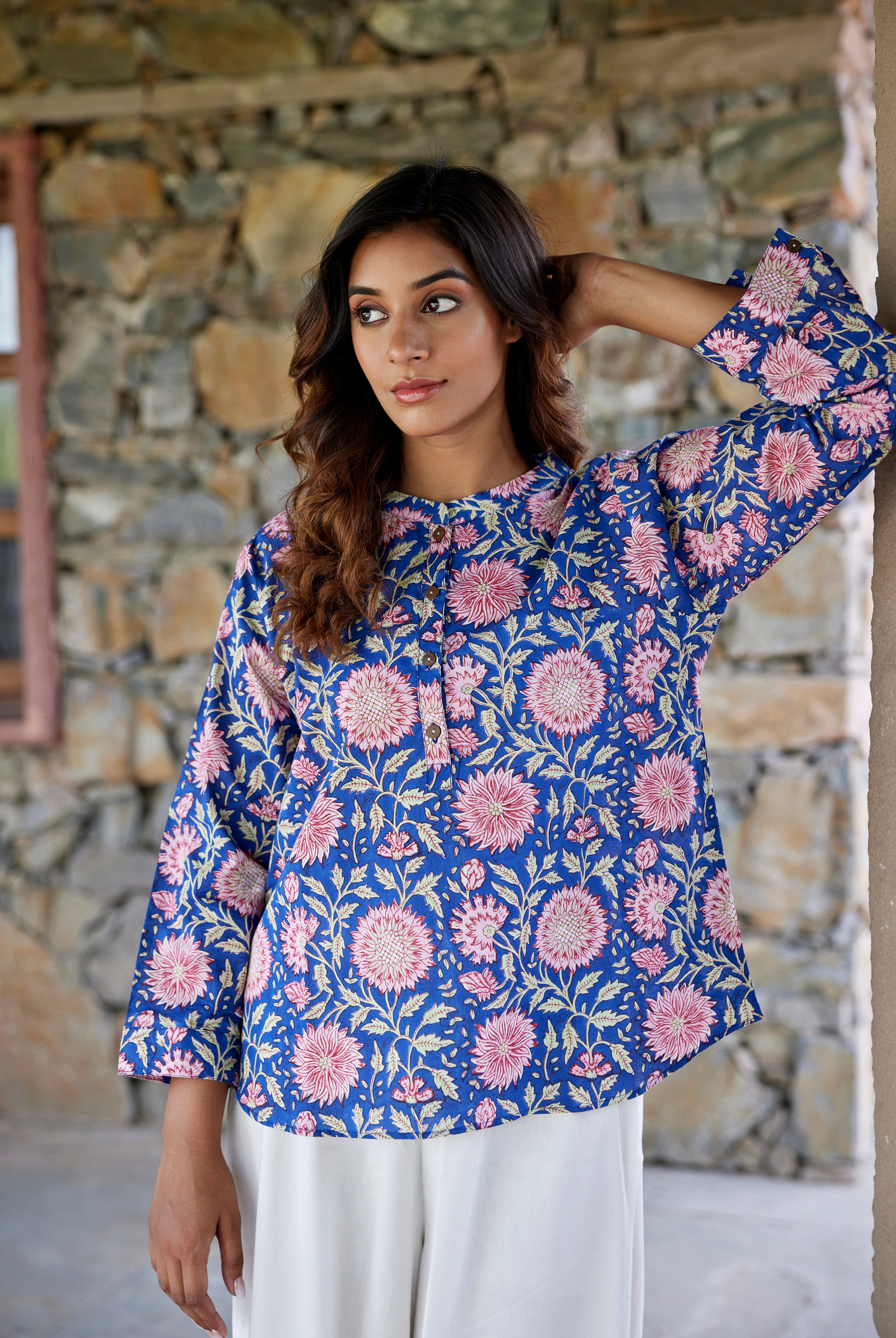 Jaal Block Print on Blue Cotton Top | Jaipurrang | Hand Block Print Ethnic Wear