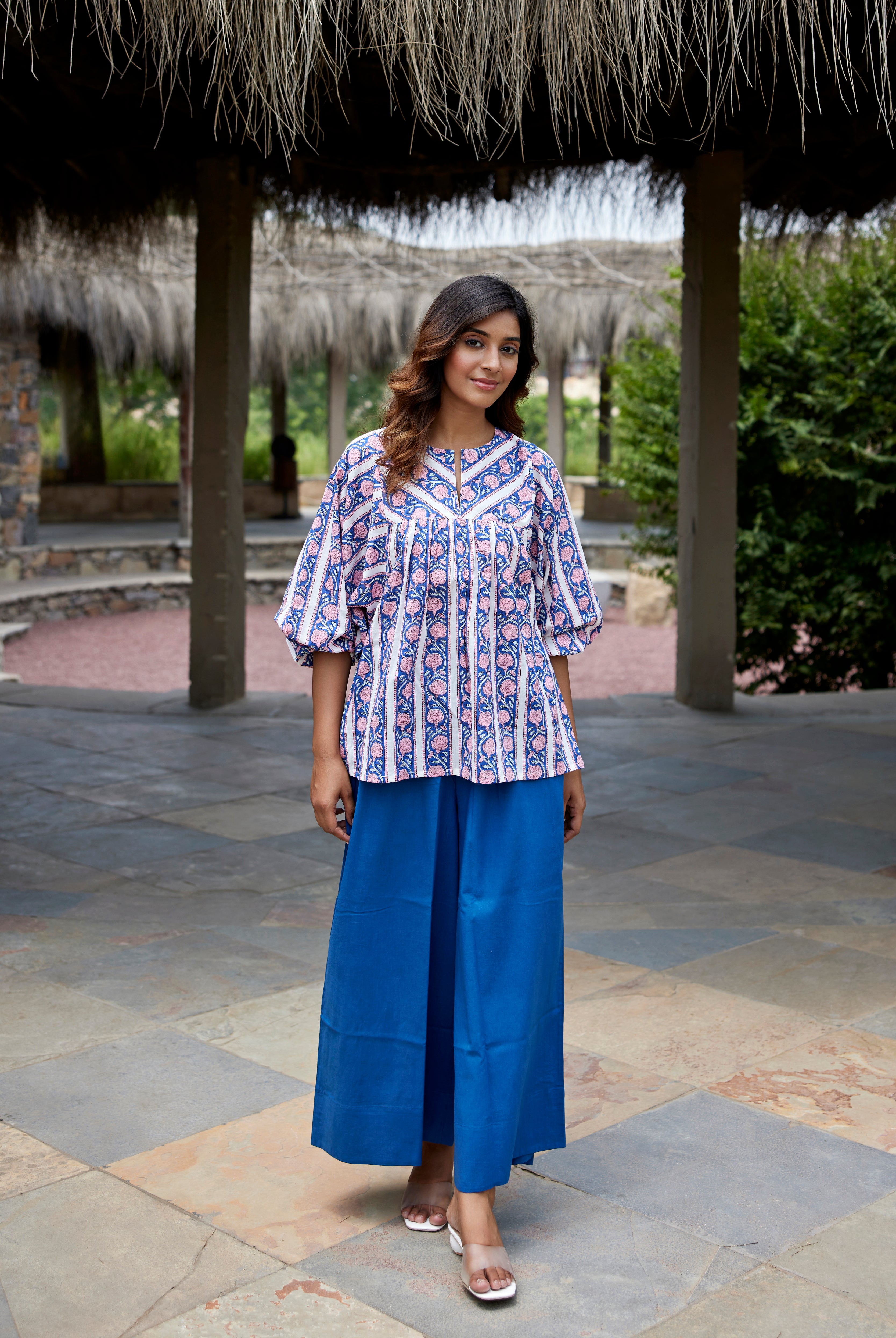Border Block Print on Blue Cotton Boho Top | Jaipurrang | Hand Block Print Ethnic Wear