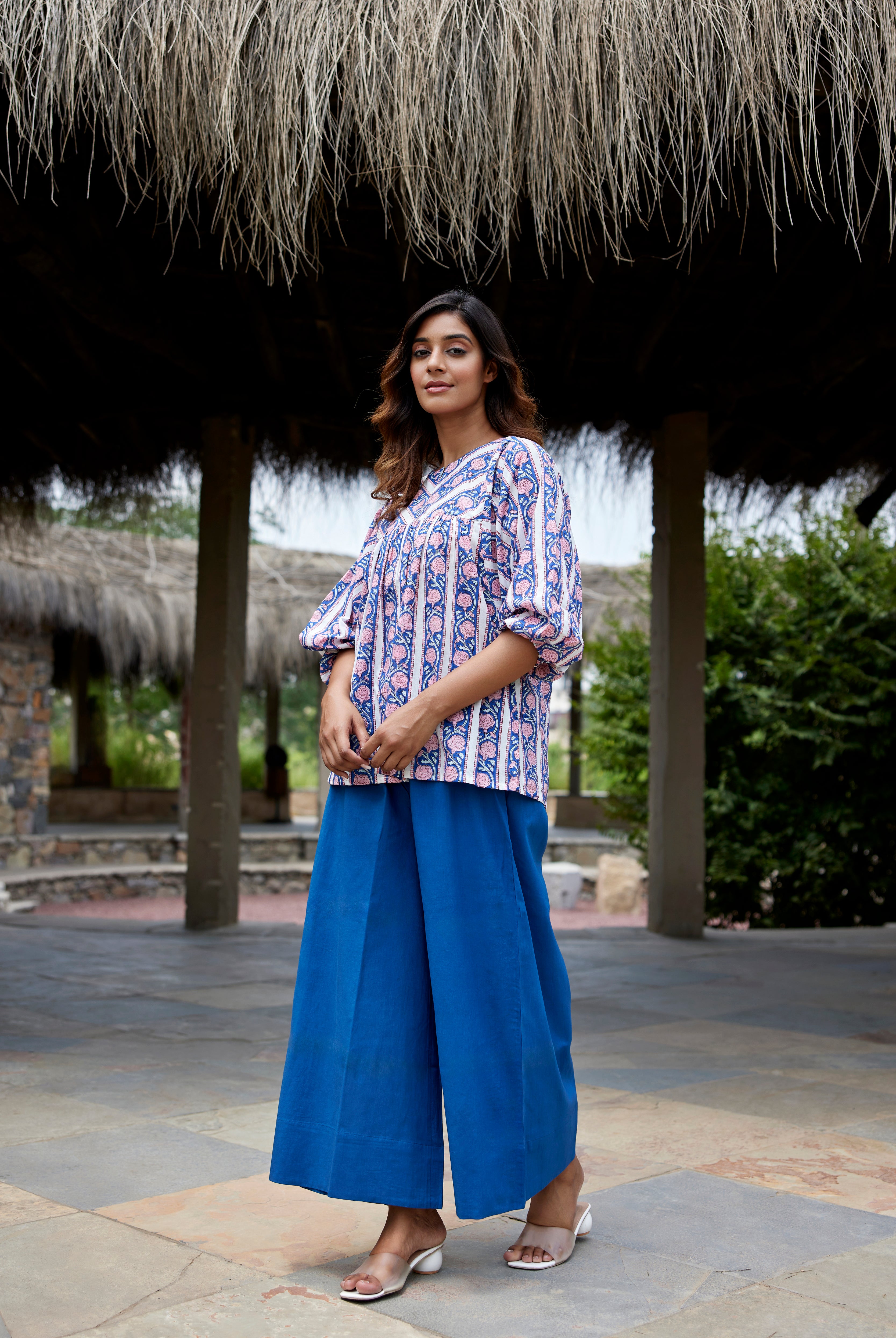 Border Block Print on Blue Cotton Boho Top | Jaipurrang | Hand Block Print Ethnic Wear
