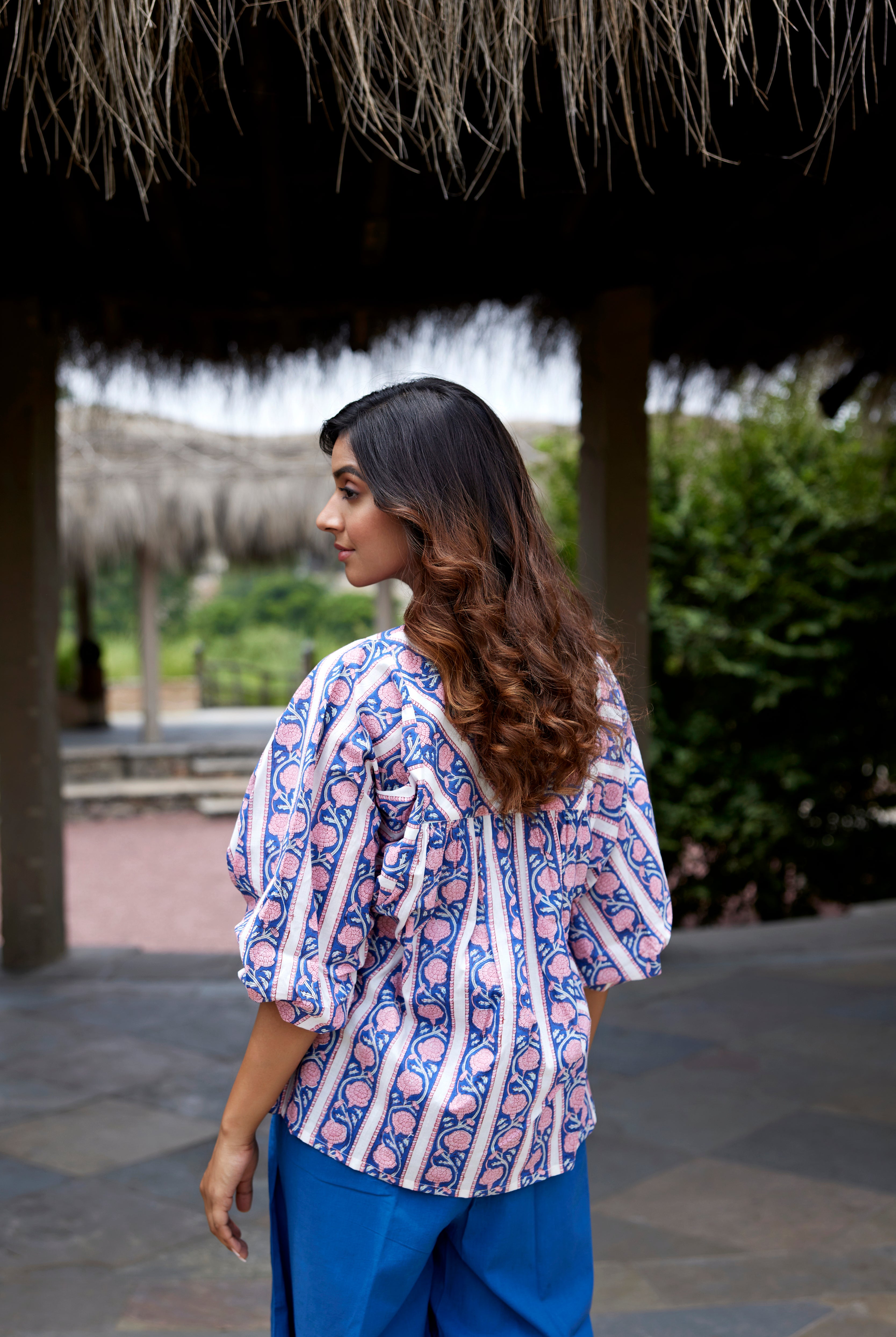 Border Block Print on Blue Cotton Boho Top | Jaipurrang | Hand Block Print Ethnic Wear