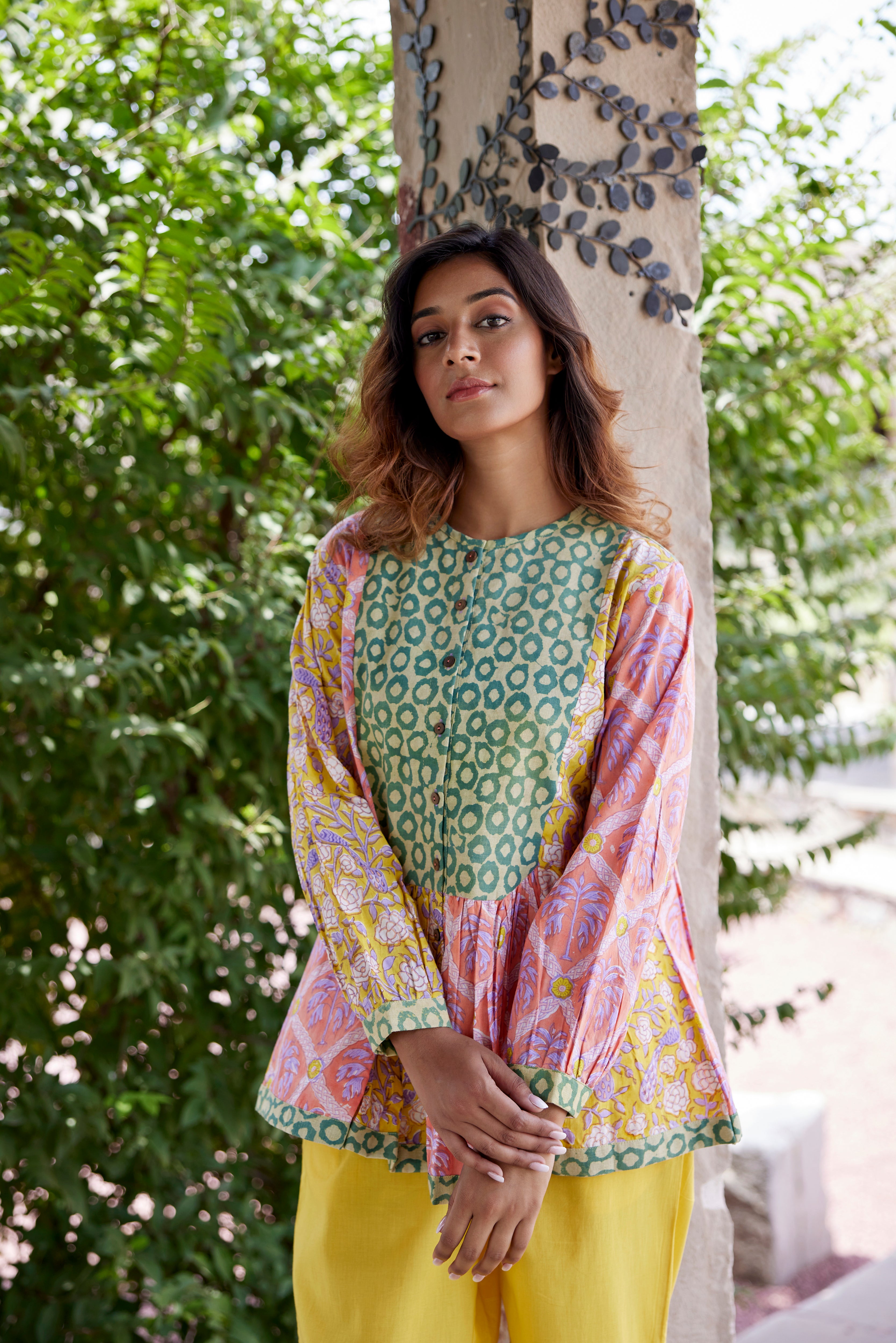Peacock Block Print on Multicolour Cotton Top | Jaipurrang | Hand Block Print Ethnic Wear