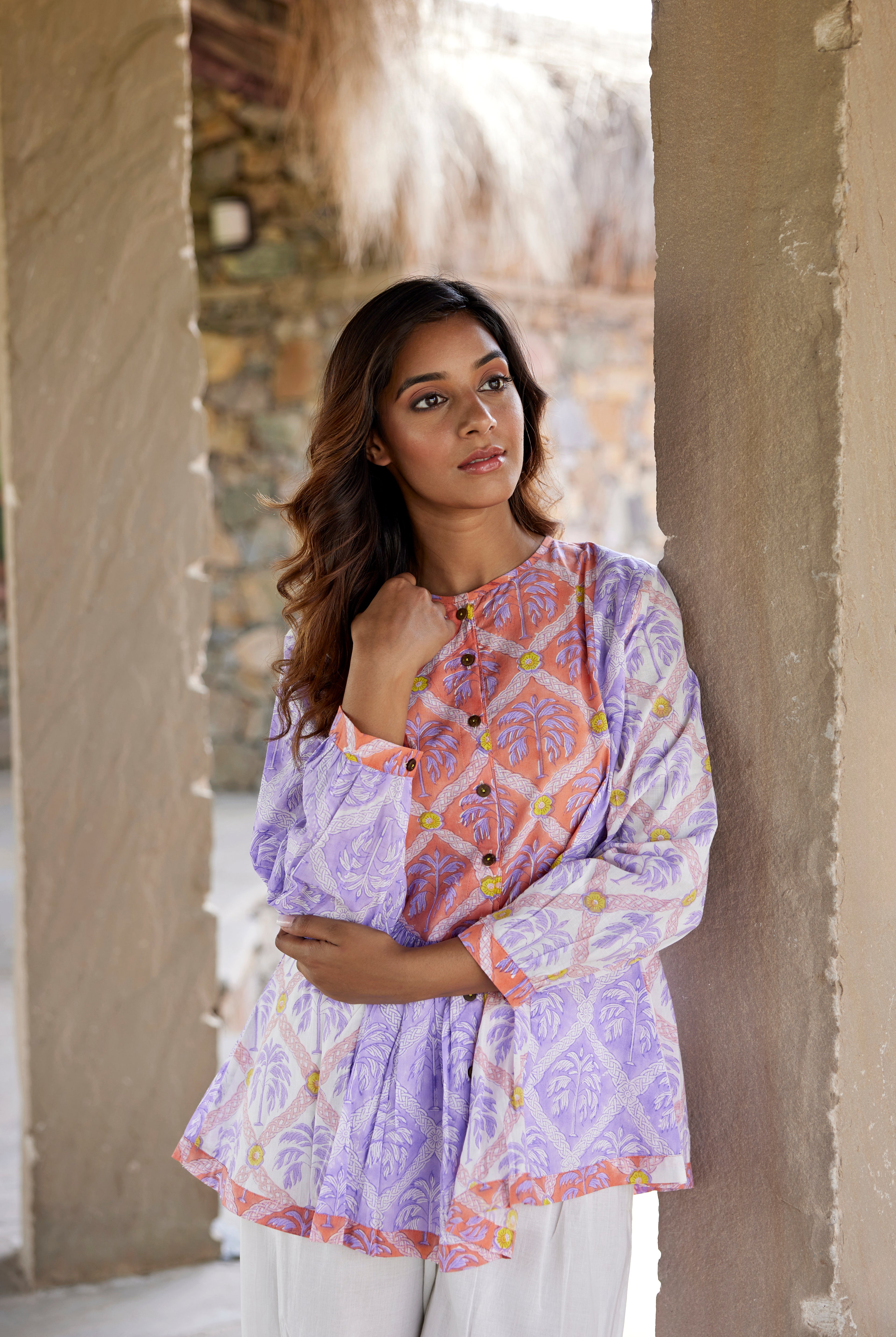 Palm Block Print on Multicolour Cotton Top | Jaipurrang | Hand Block Print Ethnic Wear