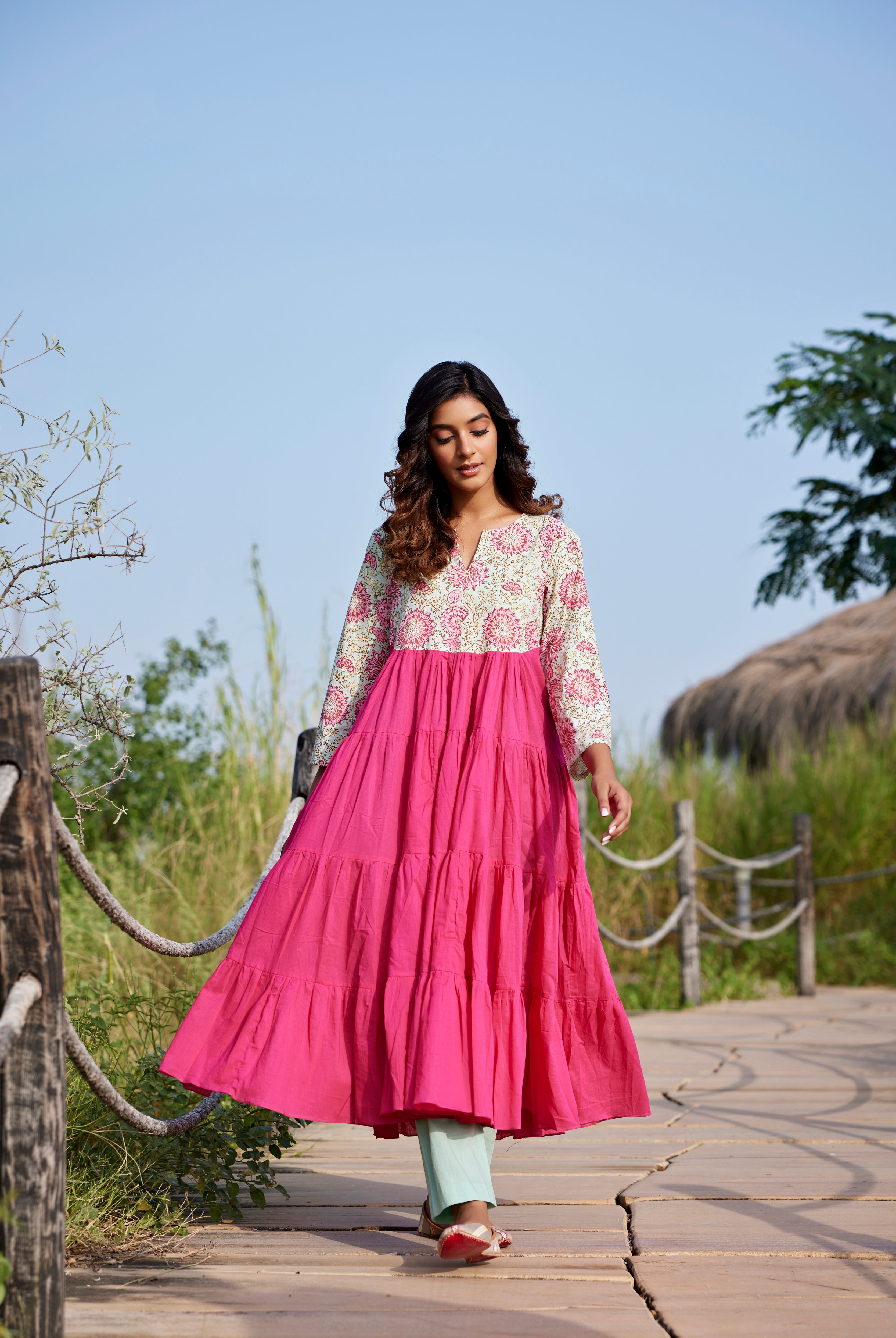 Solid on Hot Pink Cotton Tiered Dress | Jaipurrang | Women's Ethnic Wear