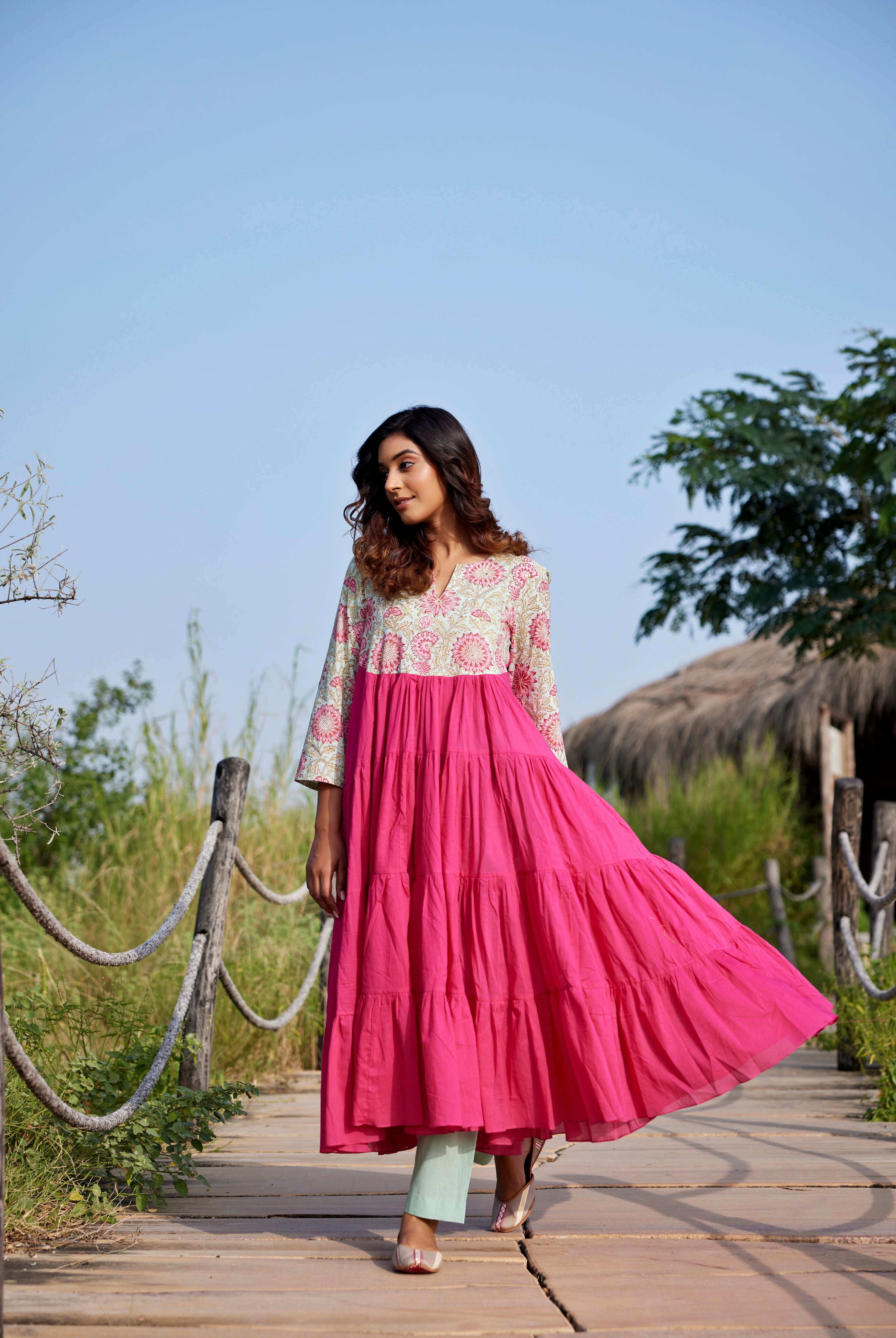 Solid on Hot Pink Cotton Tiered Dress | Jaipurrang | Women's Ethnic Wear