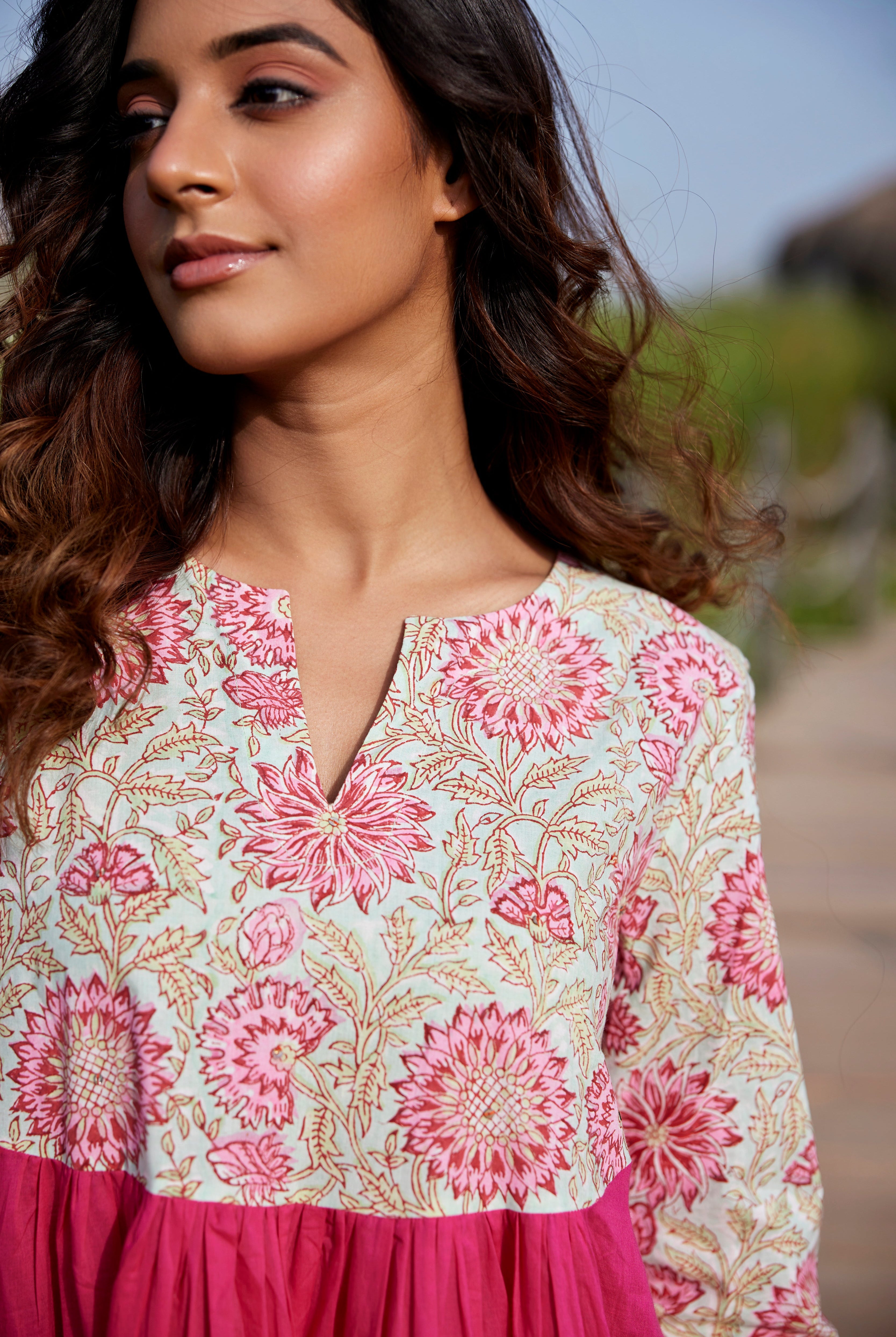 Solid on Hot Pink Cotton Tiered Dress | Jaipurrang | Women's Ethnic Wear