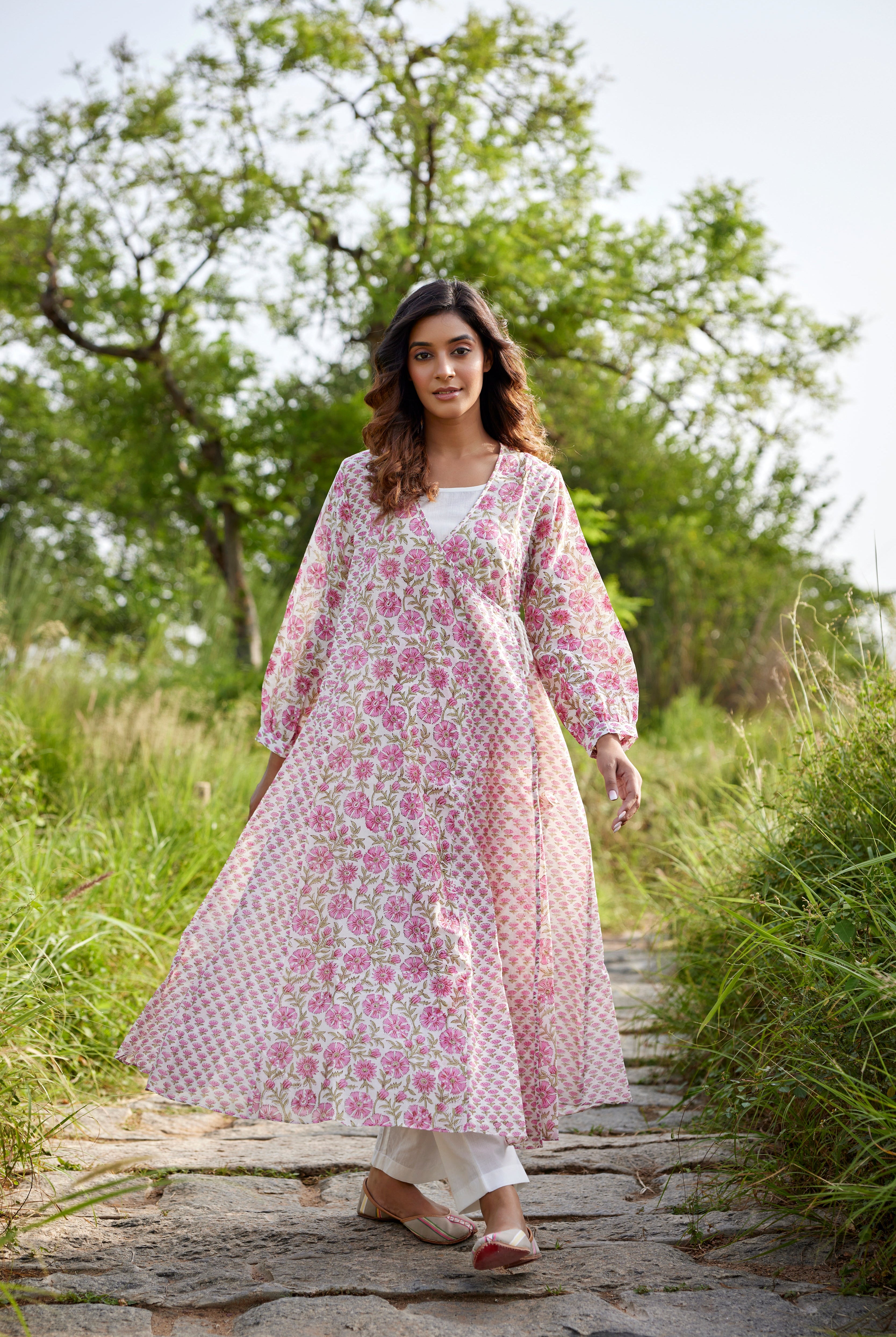 Pink Chanderi Floral Block Printed Wrap Kurta | Jaipurrang | Hand Block Print Ethnic Wear