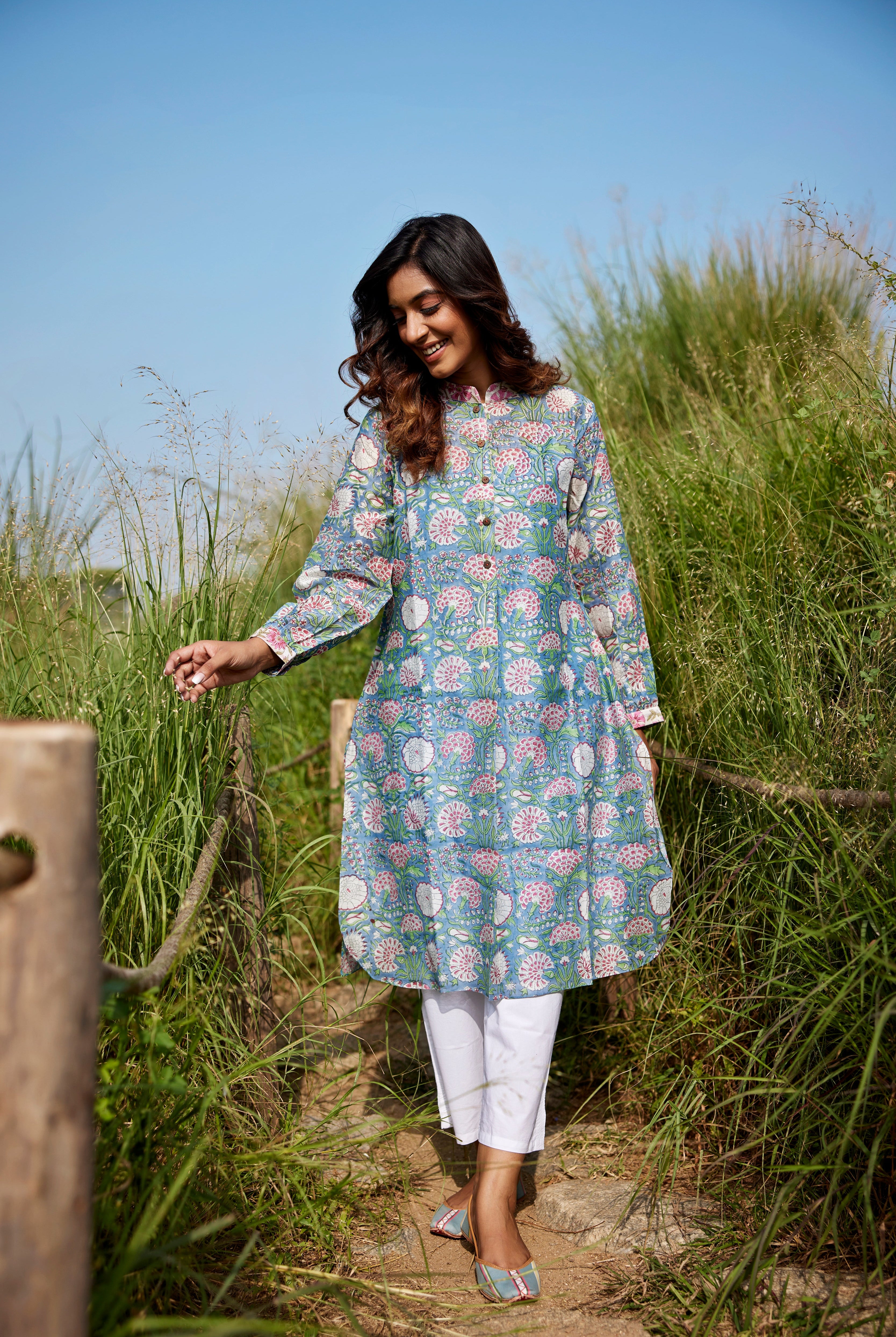 Indigo Chanderi Floral Block Printed Straight Kurta | Jaipurrang | Hand Block Print Ethnic Wear