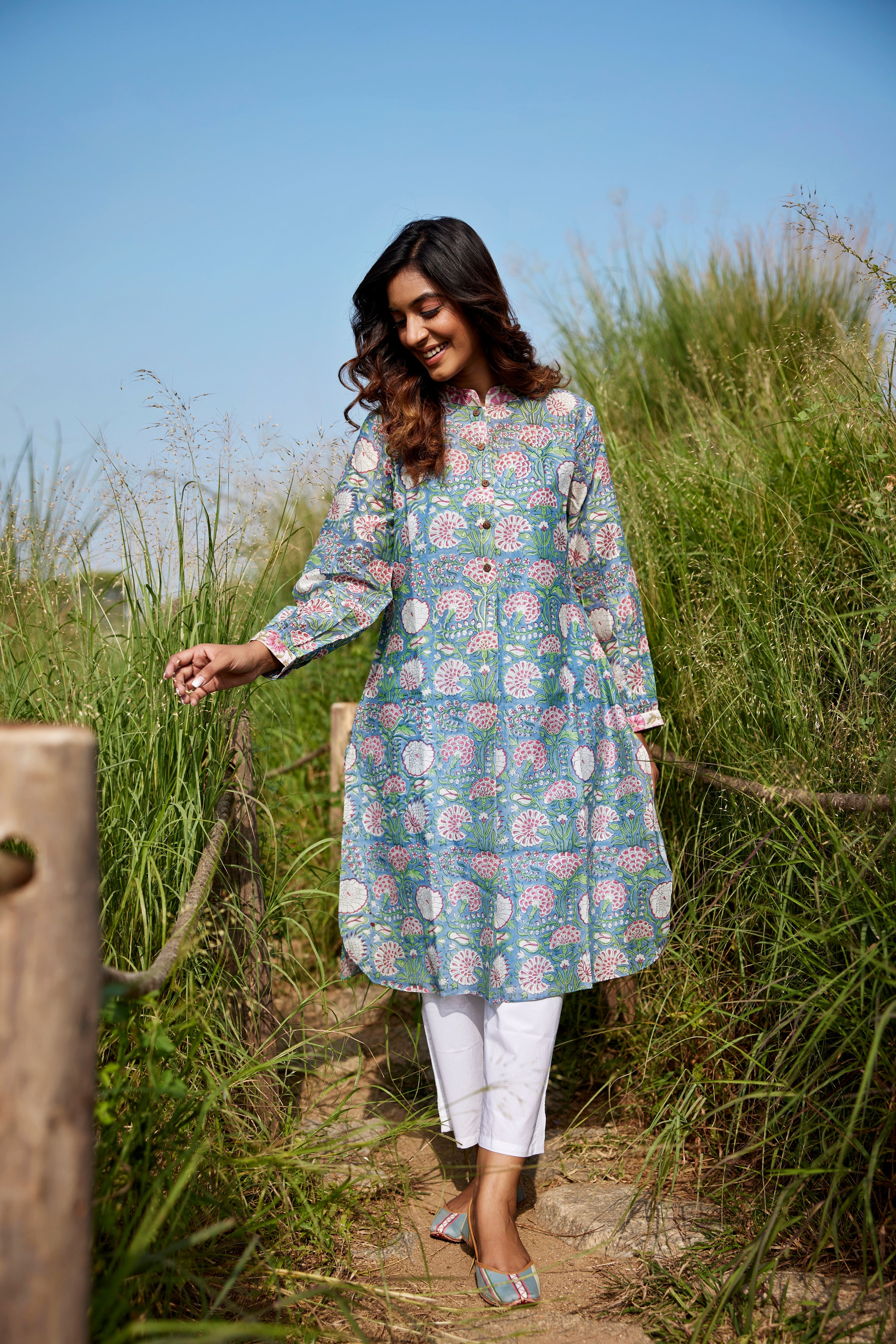 Indigo Chanderi Floral Block Printed Straight Kurta | Jaipurrang | Hand Block Print Ethnic Wear