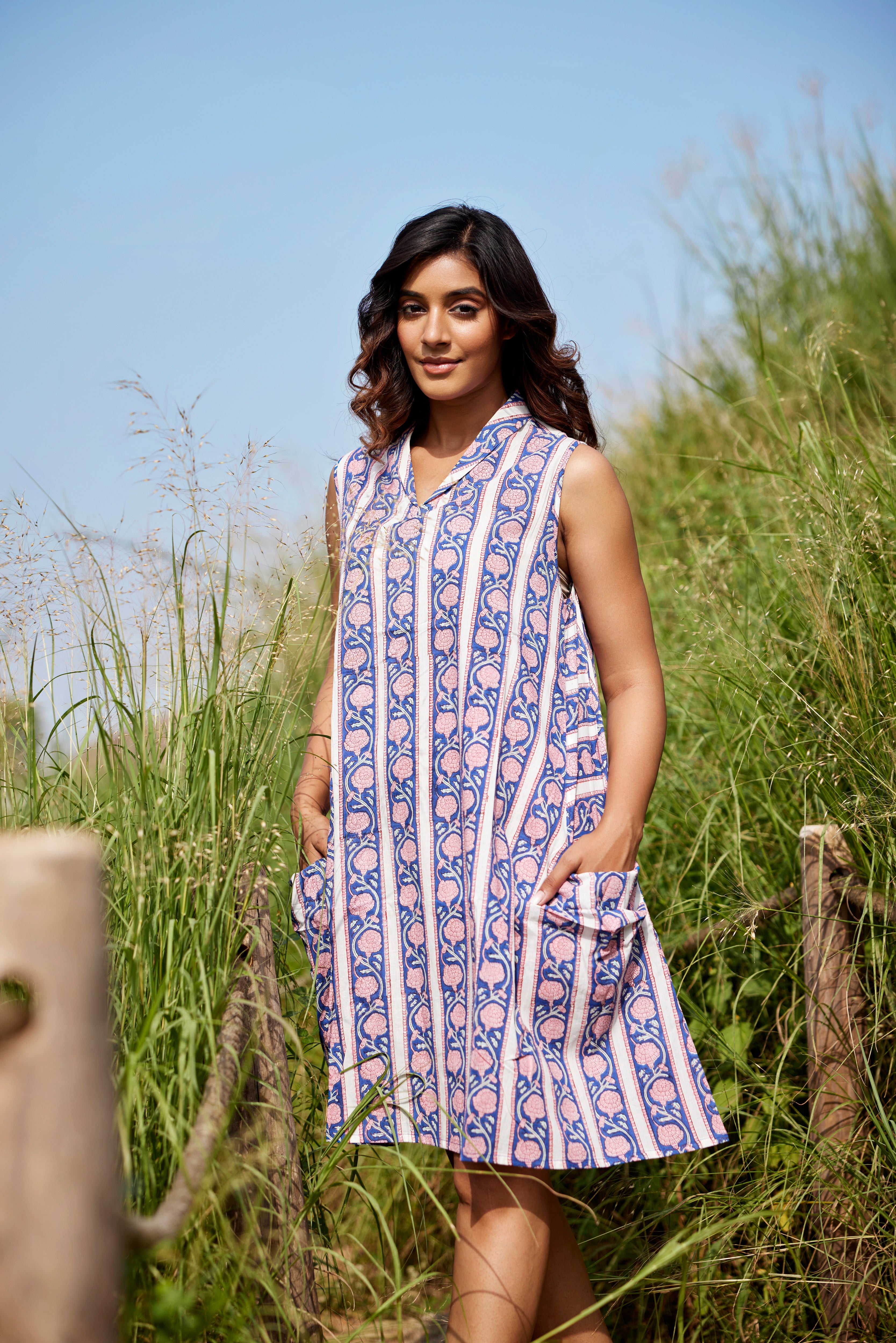 Border Block Print on Blue Cotton Short Dress | Jaipurrang | Hand Block Print Ethnic Wear